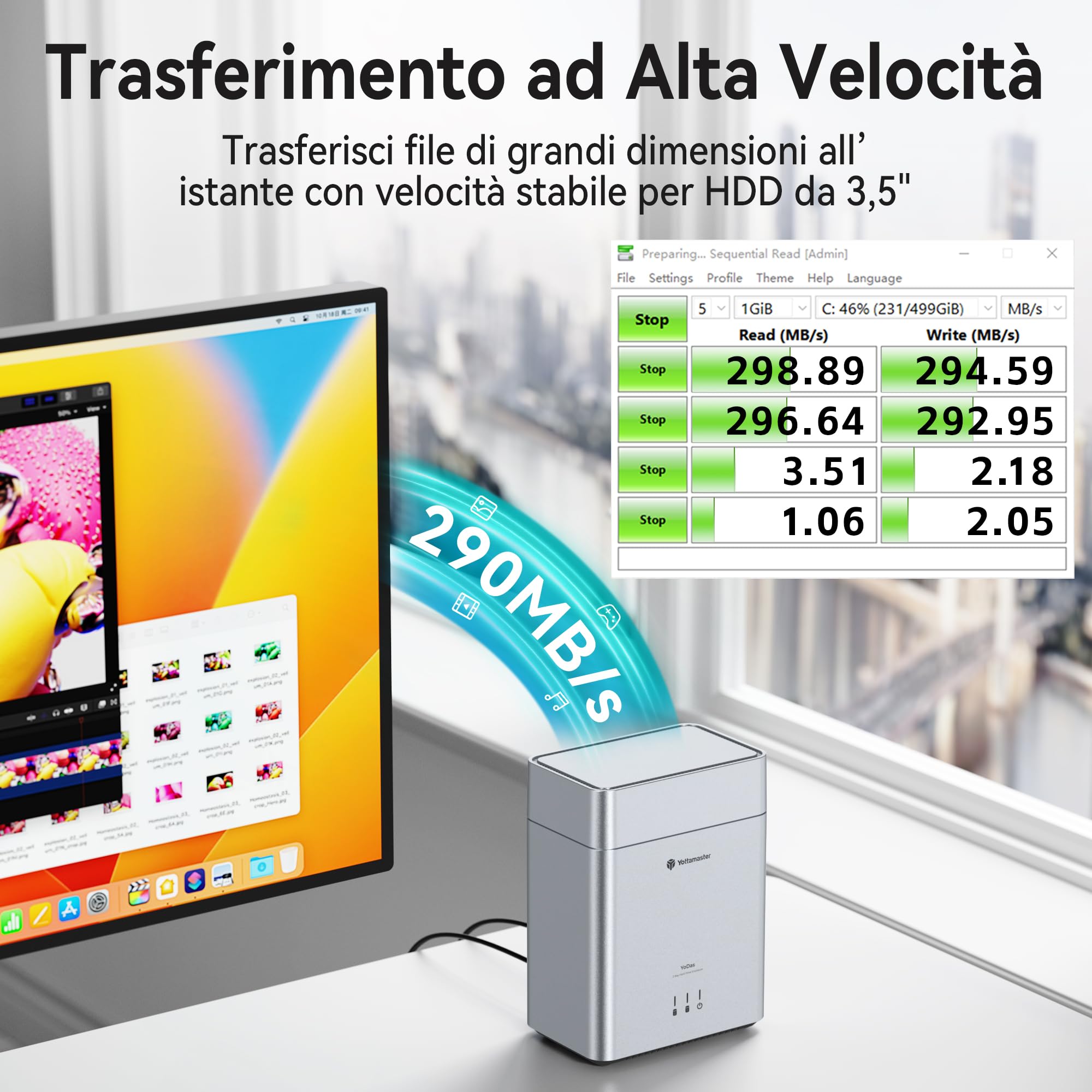 Yottamaster 2 Bay Case per Disco Rigido, 3,5 HDD USB-C 5Gbps, Coperchio Magnetico, Installazione Senza Attrezzi, Fino a 24TB × 2, Ventola da 60 mm, Funzione di Sospensione Automatica (senza RAID)