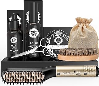 Beard Growth Grooming/Beard Straightener For Men Kit, This set includes Beard Straightener, Beard Sanitizer, Beard Oil, Beard Balm, Brush,Scissors,Bag.The best choice for men's gifts.