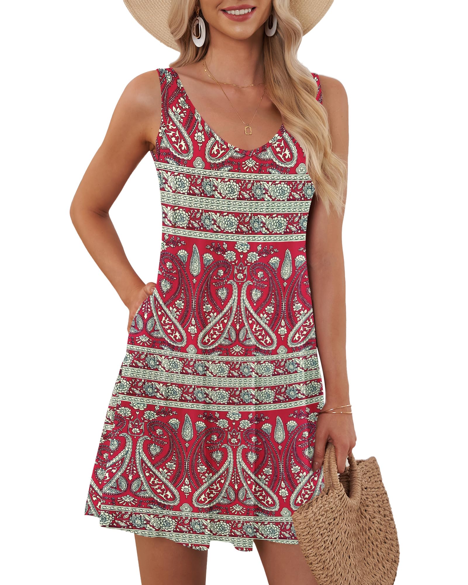 AUSELILY Summer Dresses Women UK Sleeveless Beach Dress Vneck Mini Sundress Boho Floral Red M