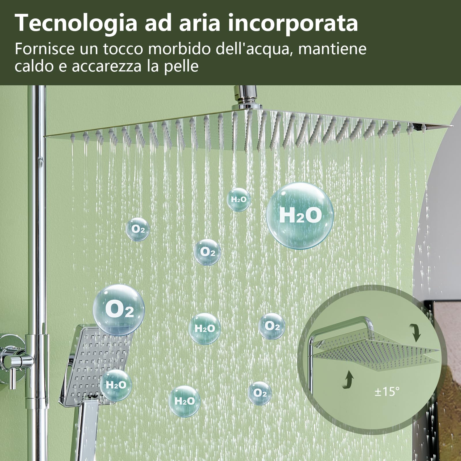 Sistema doccia termostatico in acciaio inox, soffione quadrato 12" (30 cm), doccetta manuale un getto. Set rubinetteria regolabile in altezza, anti-ustione, risparmio idrico
