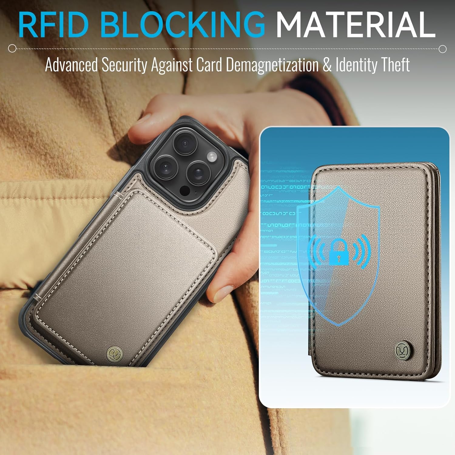 Compatible with Magsafe for iPhone 16 Pro Max Wallet Case Magnetic Card Holder, RFID Blocking 2 in 1 Detachable Kickstand Shockproof Case for Women Men, Bronze Gold - Image 3