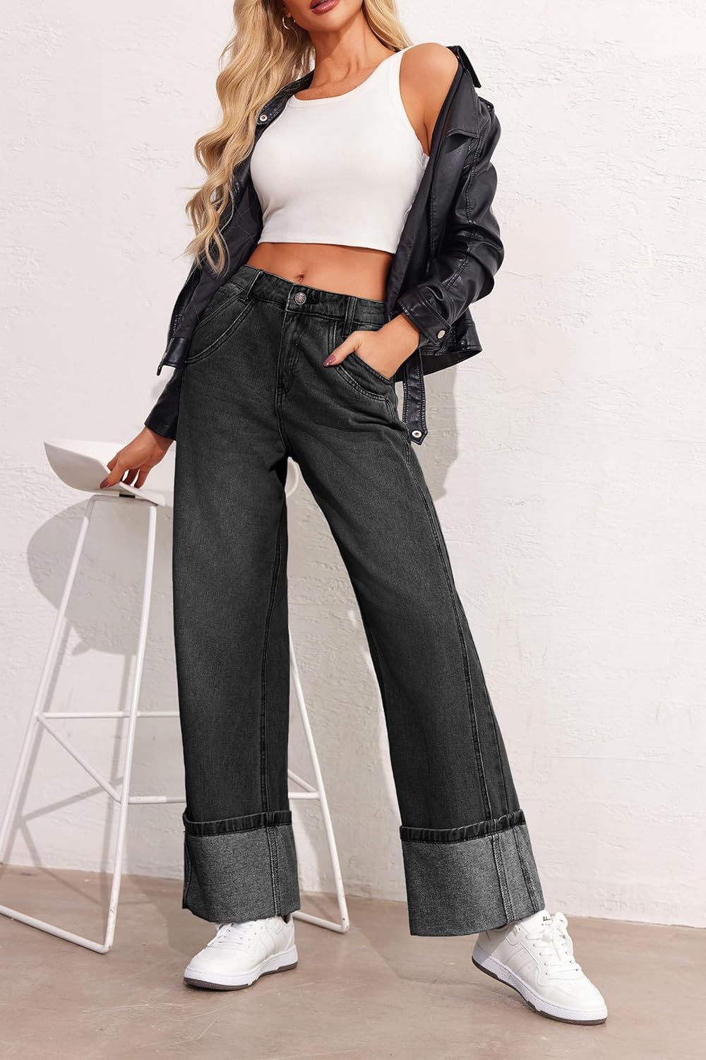 PLNOTME Womens Baggy Jeans Boyfriend Wide Leg Trendy Casual Mid Rise Cuffed Hem Denim Pants with Pockets - Image 3