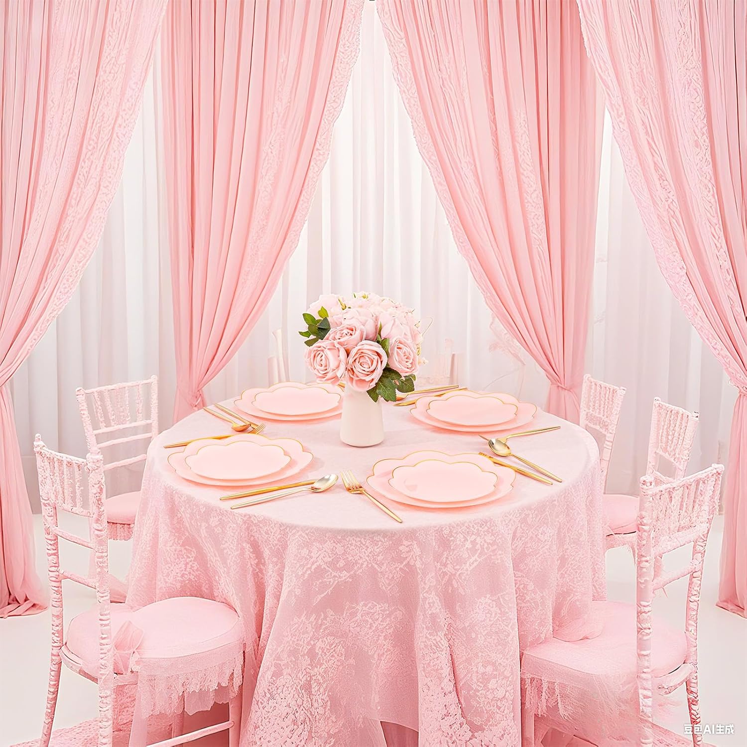 LIYH 100 Pcs Pink Plastic Plates with Flower Gold Edge - Pink and Gold Disposable Combo Plates Includes Dessert & Dinner Plate Tableware Dishes for Birthday Party Valentine's Mother's Day - Image 4