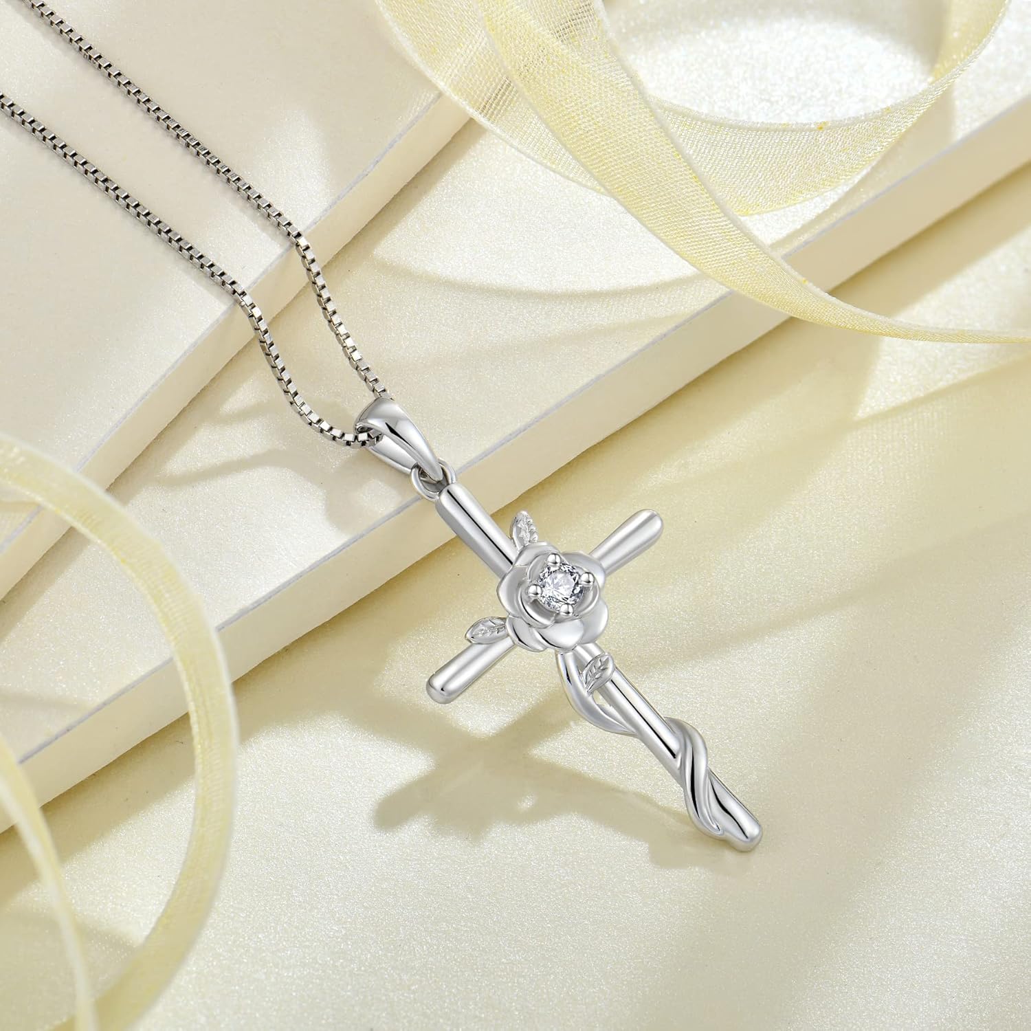 Cross Necklace for Women 925 Sterling Silver Rose Flower Birthstone Pendant Crucifix Faith Religion Necklace Created Gemstone Jewelry Gifts for Women Wife Girlfriend Mother Daughter Her - Image 5