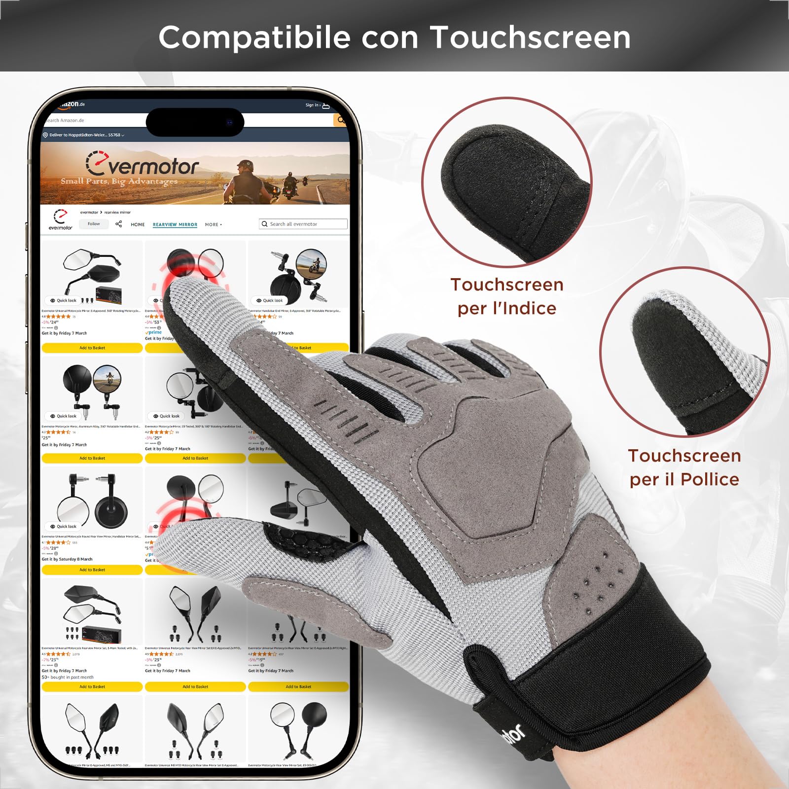 evermotor Guanti da moto, guanti da moto uomo donna, guanti estivi touchscreen per moto, motocross, scooter, ciclomotore, quad, ATV, mountain bike
