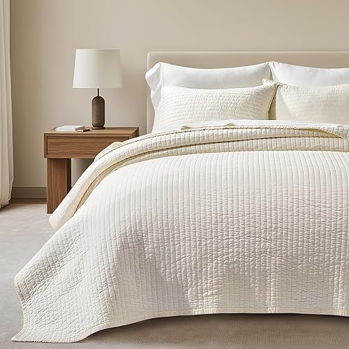 Miniatura 18 de EVERGRACEHOME Juego de edredón de satén de algodón tamaño King, edredón prelavado con costura de canal de algodón, juego de ropa de cama suave y