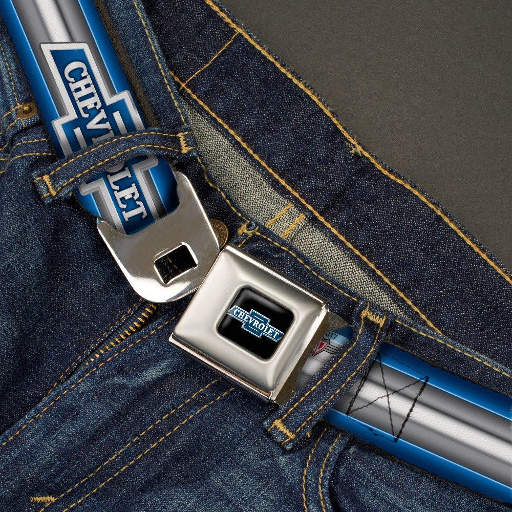 GM General Motors Belt, Seatbelt Buckle Belt, 1929 Chevrolet Bowtie Logo Stripe Blue Silver Blue, 44 to 63 Inches