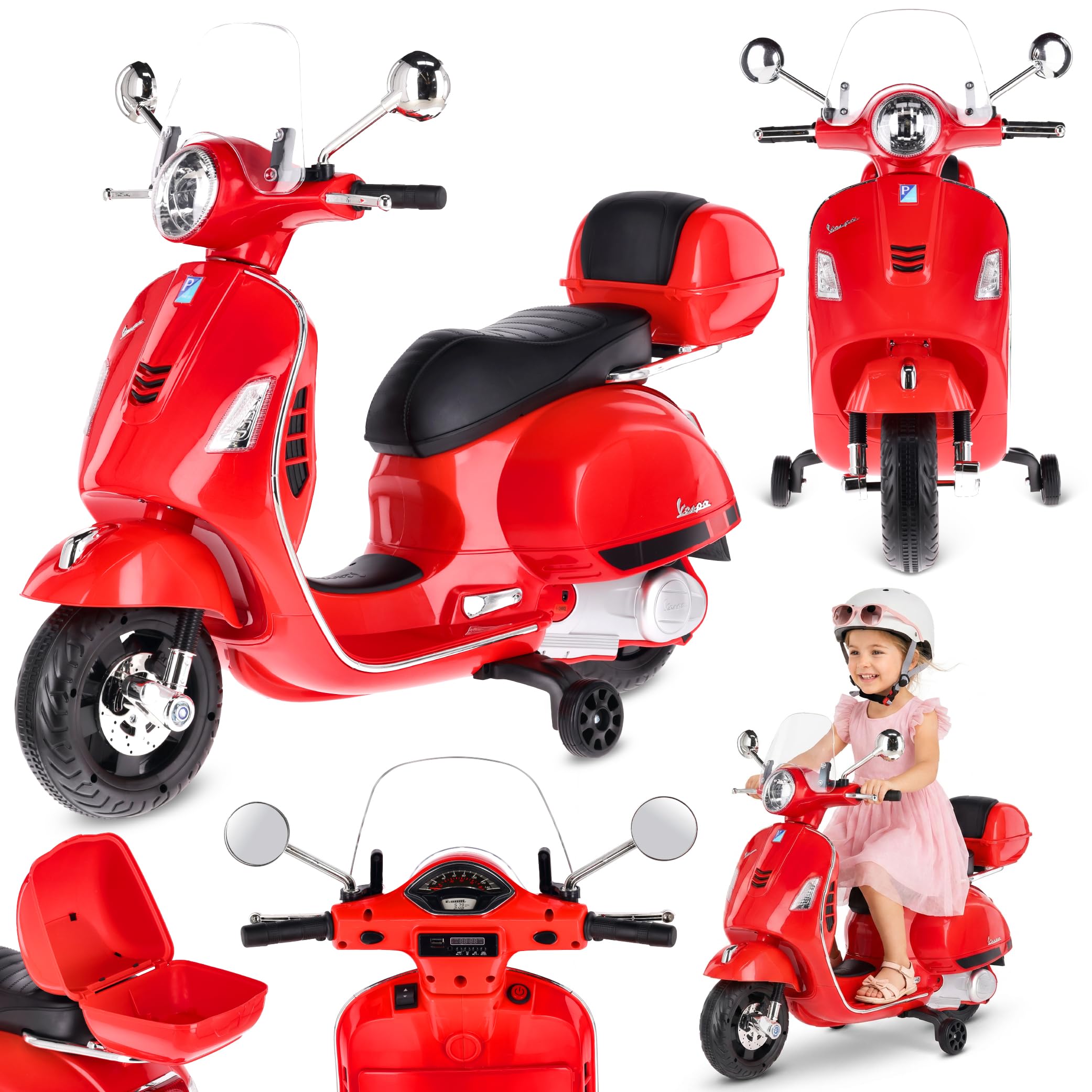 sun baby Kids ride on motorcycle Vespa from age 3, plastic wheels and seat, trunk, mp3 player (Red)