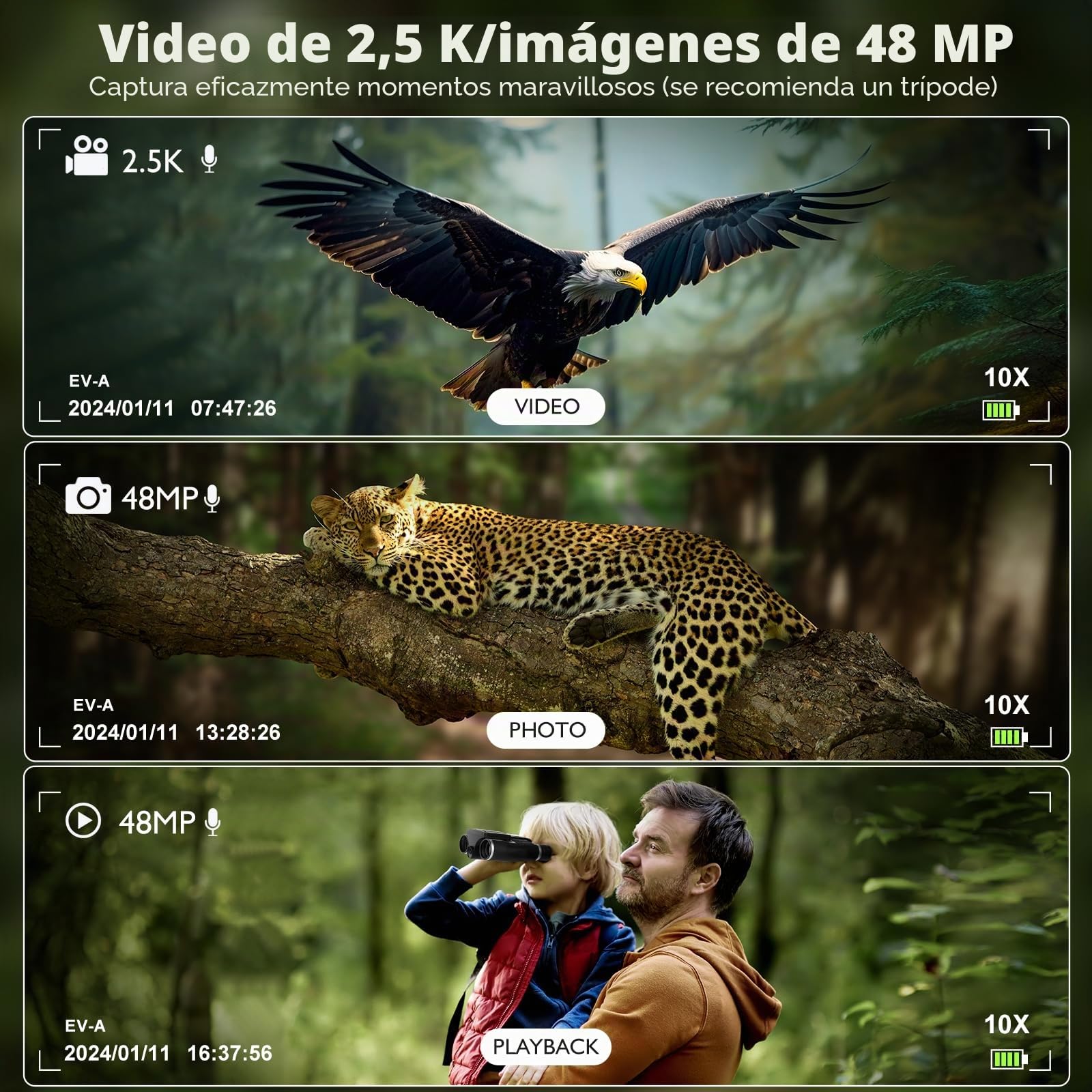 Prismáticos digitales LCD de 2.4 pulgadas con cámara, 12 x 32 pulgadas, para adultos, 48 MP, 2.5 K, videos HD para observación de aves, conciertos y aventuras al aire libre, 16 GB