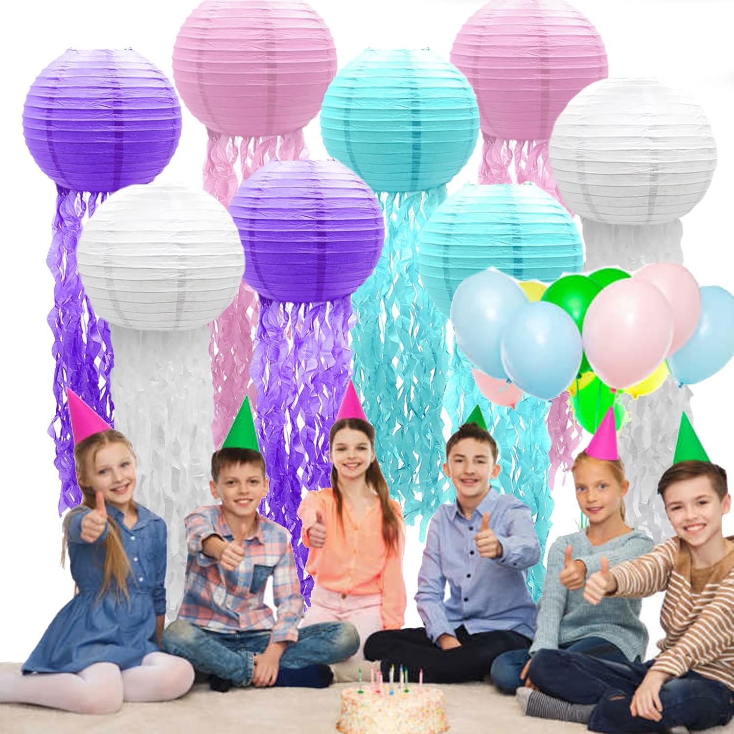 6pcs Hanging Jellyfish Paper Lanterns for Mermaid Theme Party Wedding Kids Birthday Baby Shower Party Ocean Mermaid Themed Party Jellyfish Decorations (Pure Color)