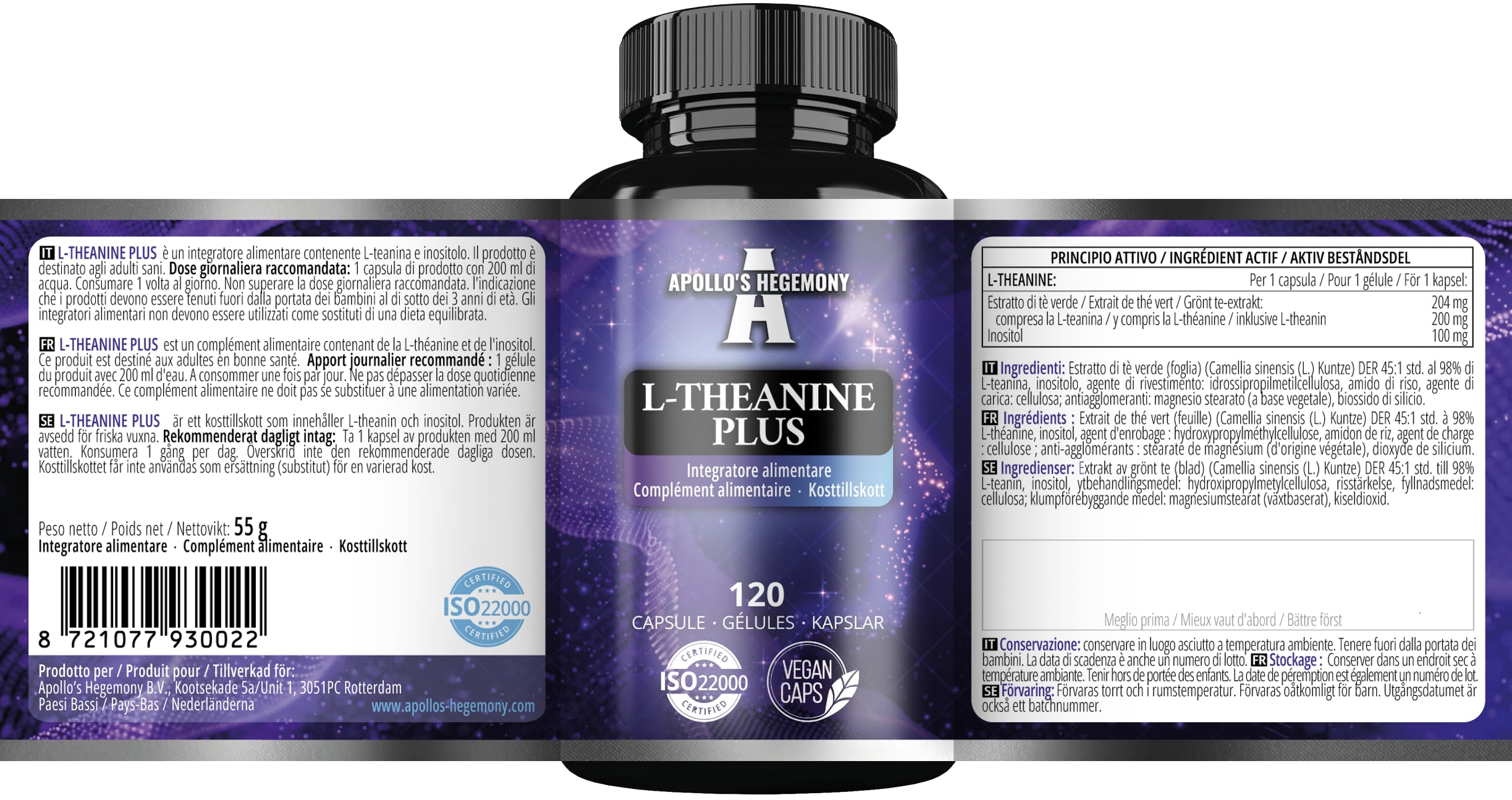 L-Teanina (98% estratto di tè verde) con Myo-Inositolo 300 mg - 120 capsule vegane - 4 mesi di fornitura - Supporta la chiarezza mentale e la gestione dello stress - da Apollo's Hegemony
