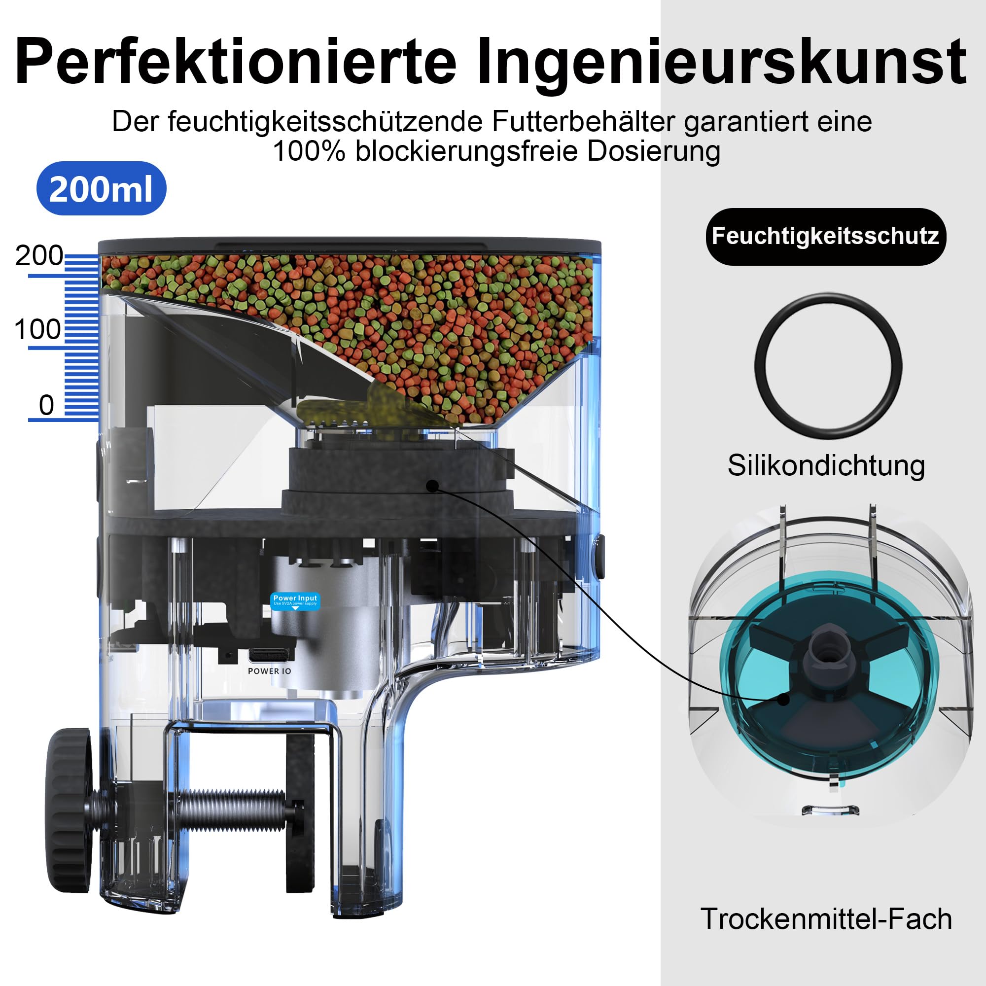 WiFi Futterautomat Aquarium mit 2,5K Kamera, 2,4/5G Smart App, 0,2g Präzision für Flockenfutter, 200ML Feuchtigkeitsschutz, Sicherer Automatischer Fischfutterautomat für Urlaub & Alltag