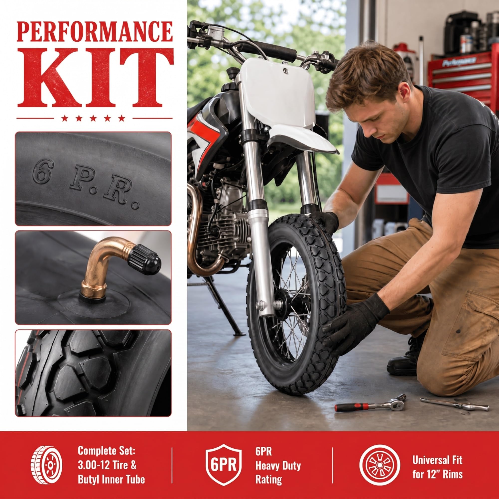 3.00-12 Pneumatico e Camera d'Aria Set di Ricambio, Copertone Stradale Rinforzato 6PR Heavy Duty per Dirt Pit Bike