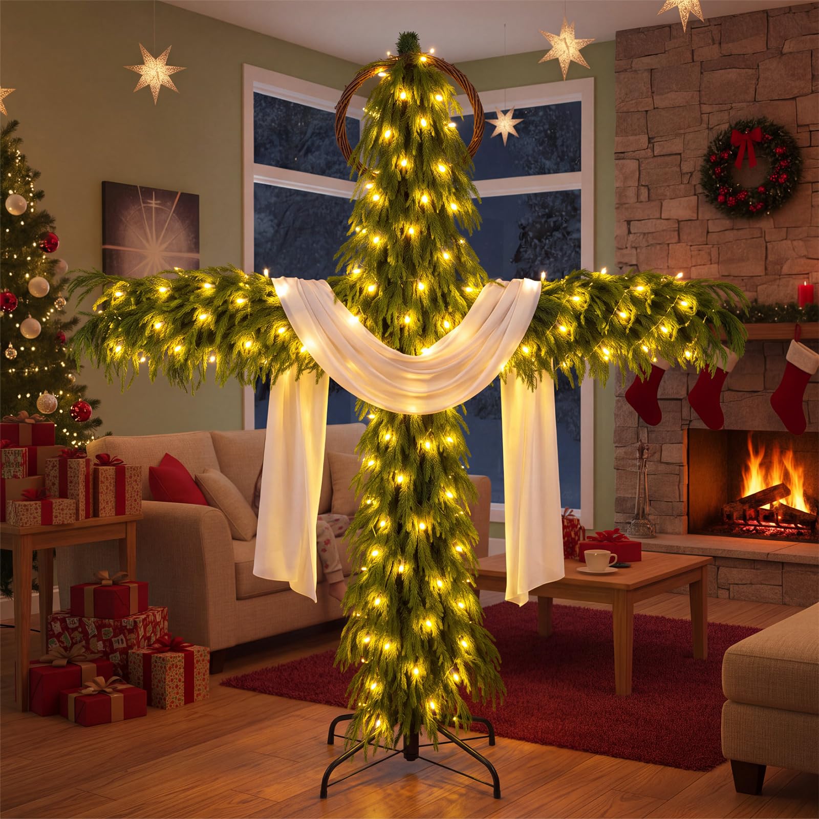 Junkin Árbol de Navidad de cruz de 6 pies con luces, decoración católica de