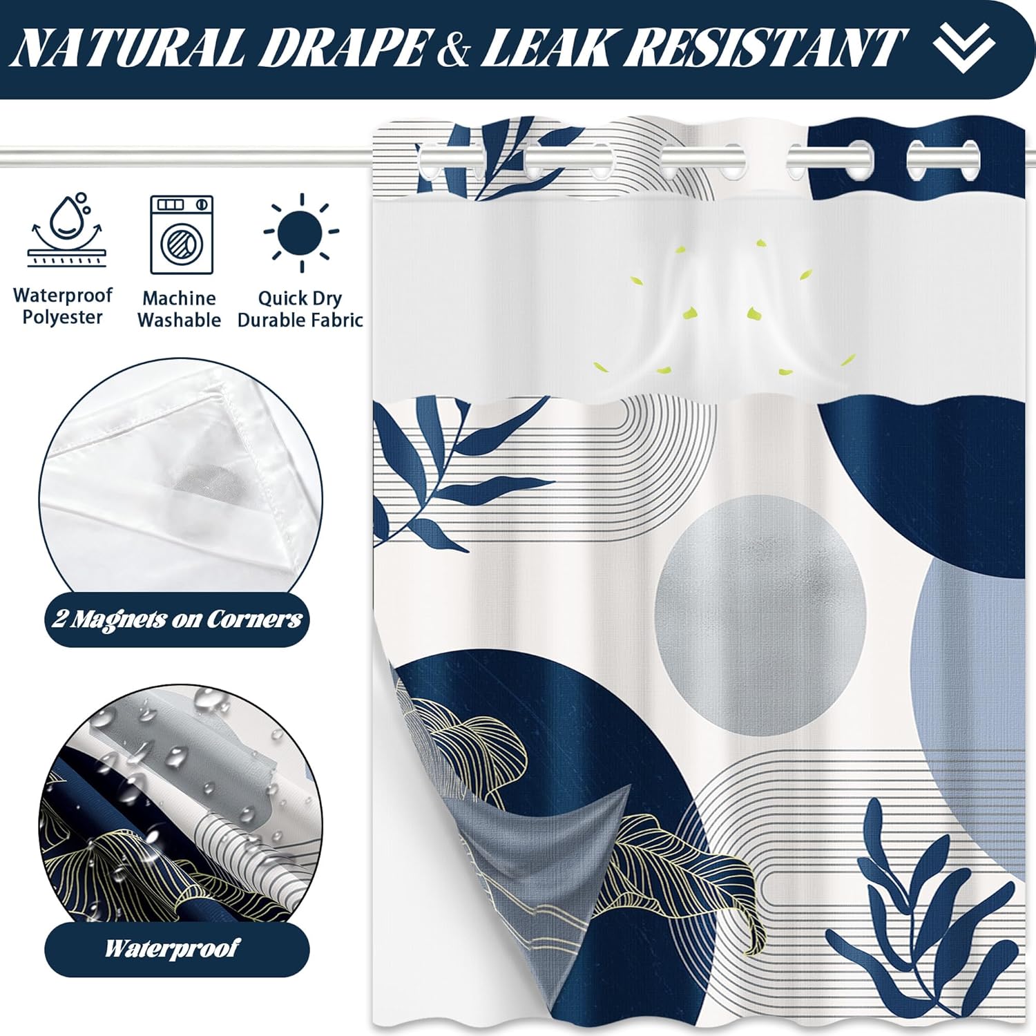 Navy Blue and White Hookless Shower Curtain with Snap in Liner, Mid Century Modern Boho Cool Mens No Hook Double Layer Shower Curtain and Liner Set, Waterproof Cloth Fabric, 71" W X 74" L (Pack of 1)