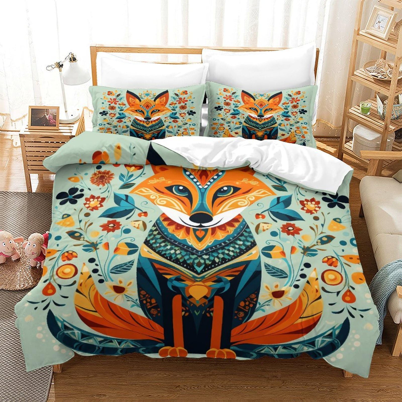 P1S9U7W5Y Vintage Fox 3D Printed 3 Piece Duvet Cover Set Microfiber Bedroom Decor Fox Bedding Set For Adults Youth Gift King（220x240cm）