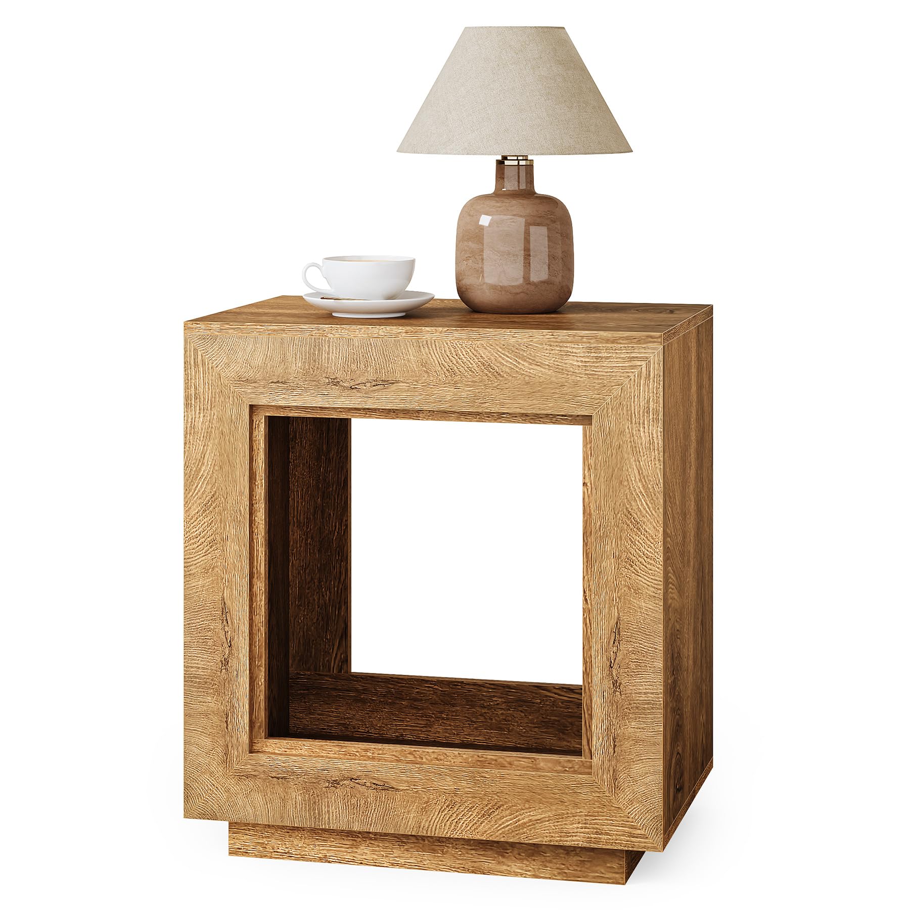 LITTLE TREE End Table, Wooden Square Side Table, Farmhouse Sofa Side Tables for Living Room, 2-Tier Bedside Table for Bedroom, Chair Side Table for