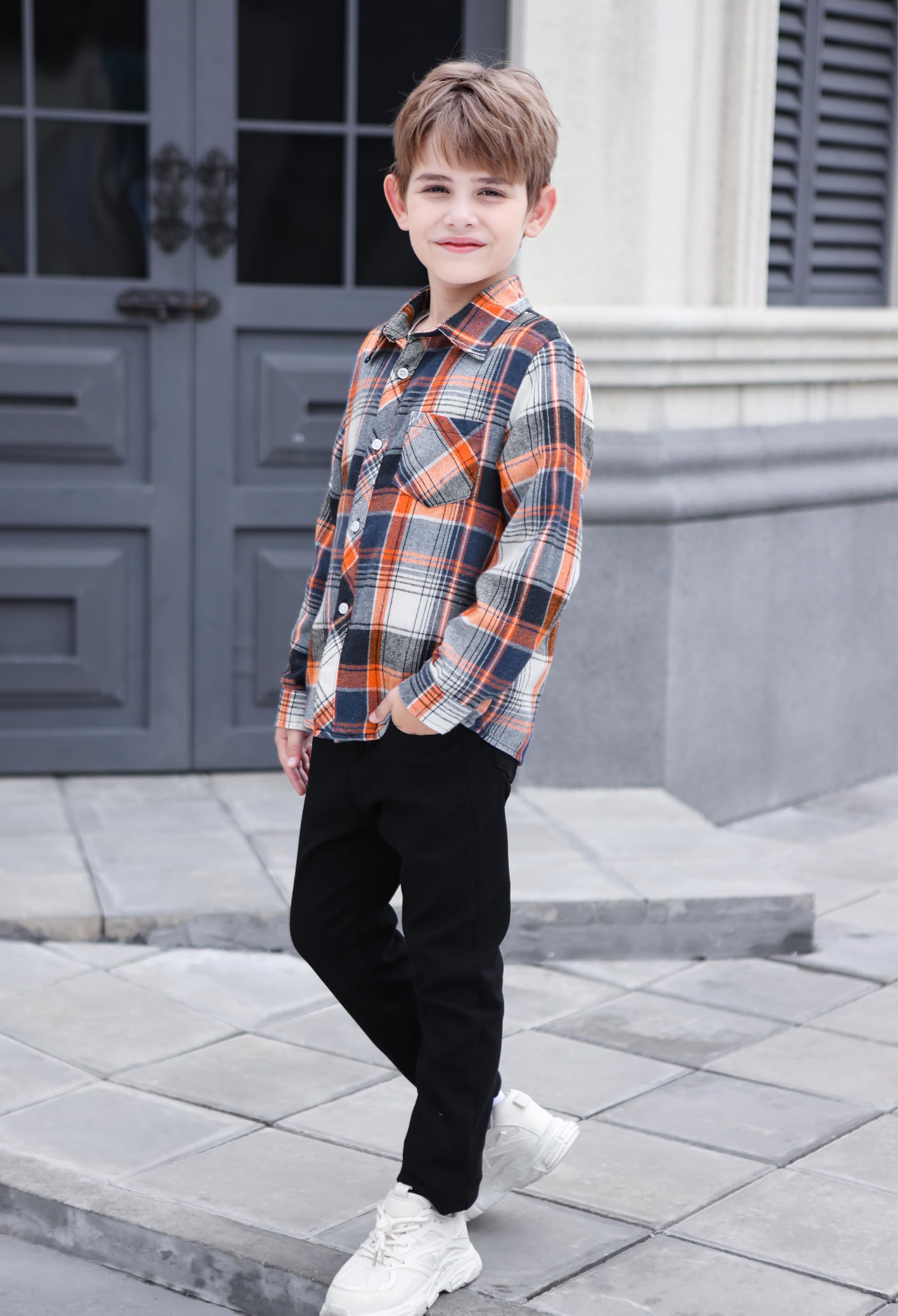 Cromoncent Camisa de manga larga de franela a cuadros con botones para hombre, Azul Naranja, 4-5 años