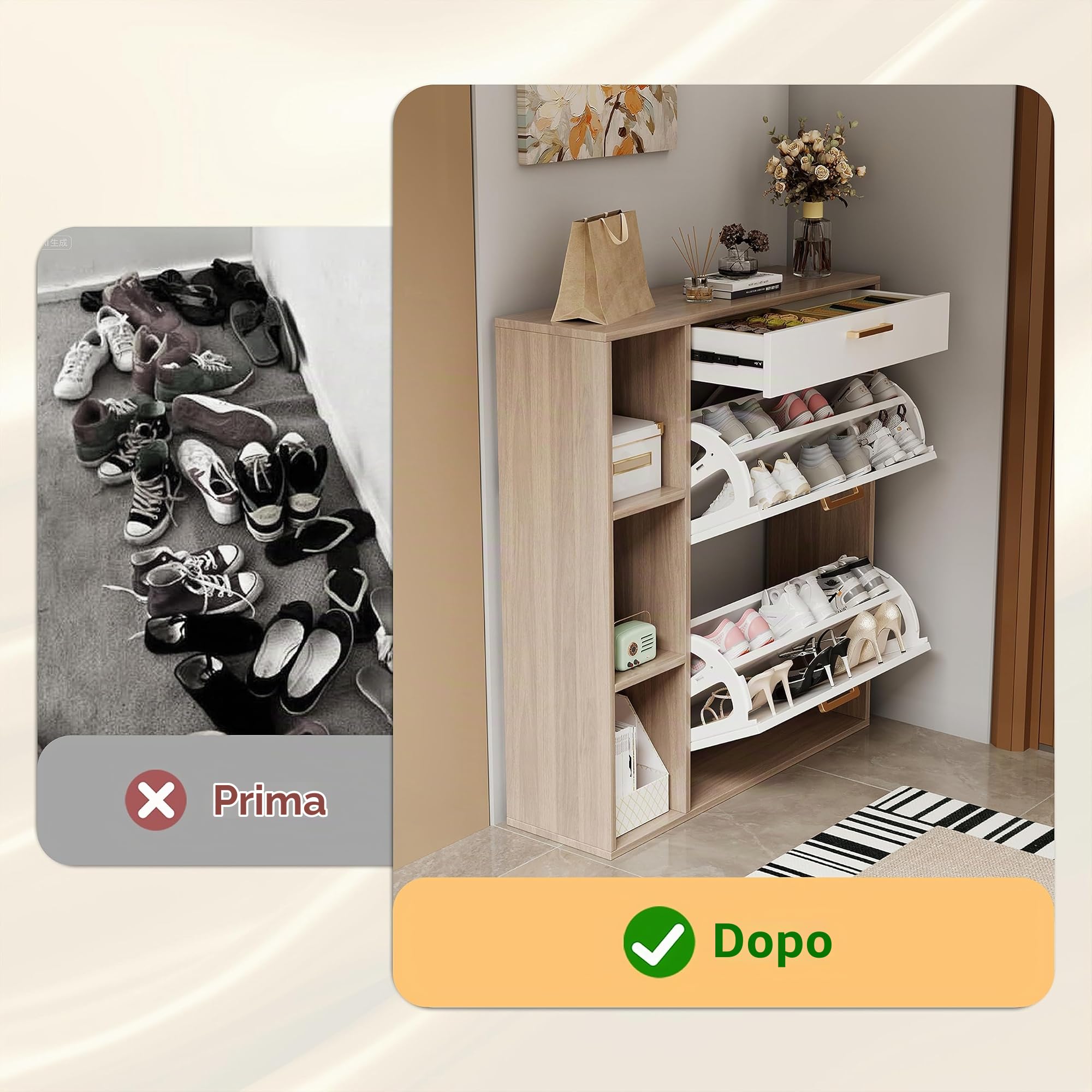 Scarpiera Salvaspazio Slim Scarpiera ingresso Scaffali portascarpe con 1 cassetto e 3 scomparti Scarpiera a 2 ante Può contenere 12-16 paia di scarpe 80x24x90cm Bianco