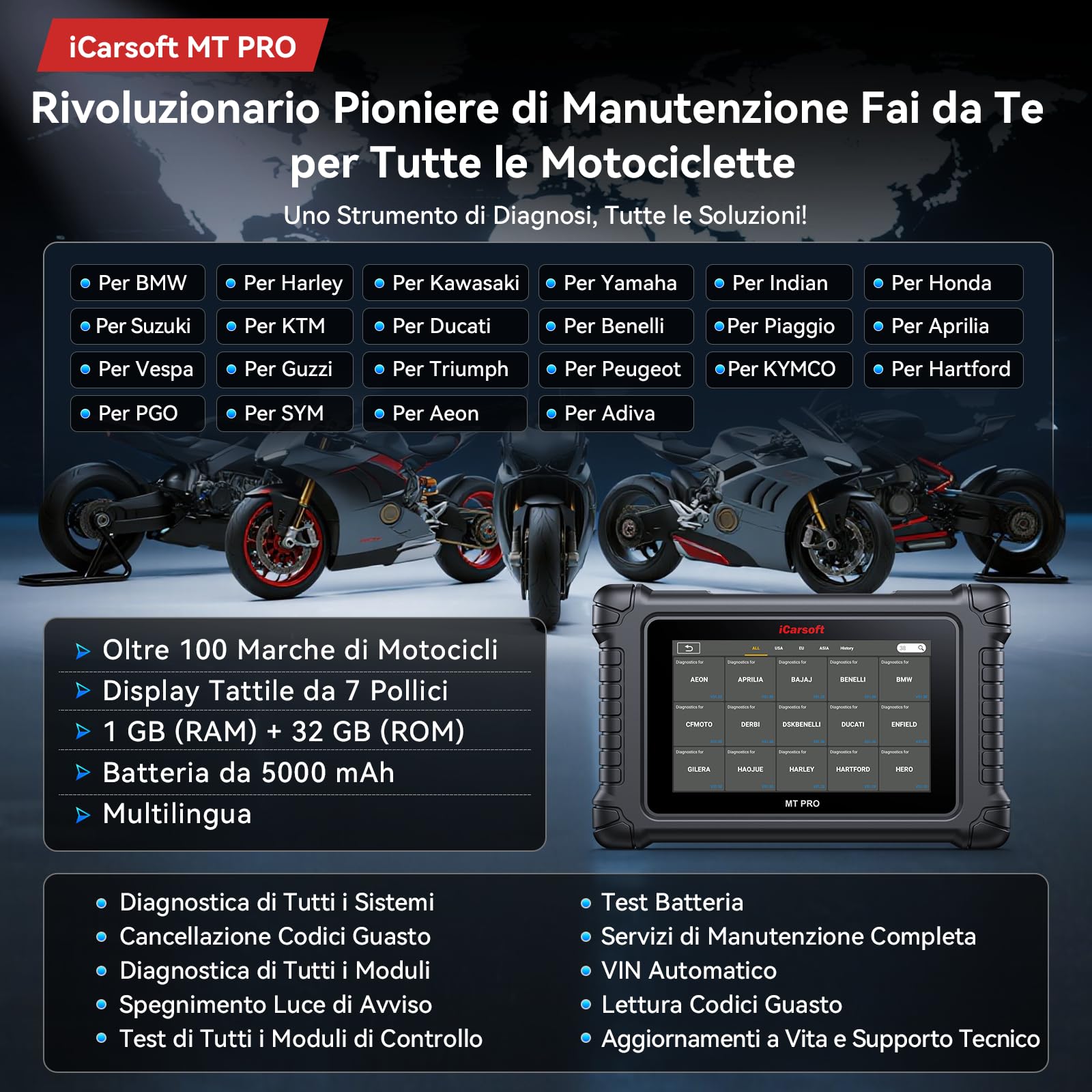 iCarsoft MT PRO Strumento Diagnostico Motociclette per Harley/BMW/Ducati/Honda ecc. Diagnostica Completa Sistemi Motocicletta, Reset Manutenzione + Test Attivi, Lettore Codici Touchscreen +Auto OBD2