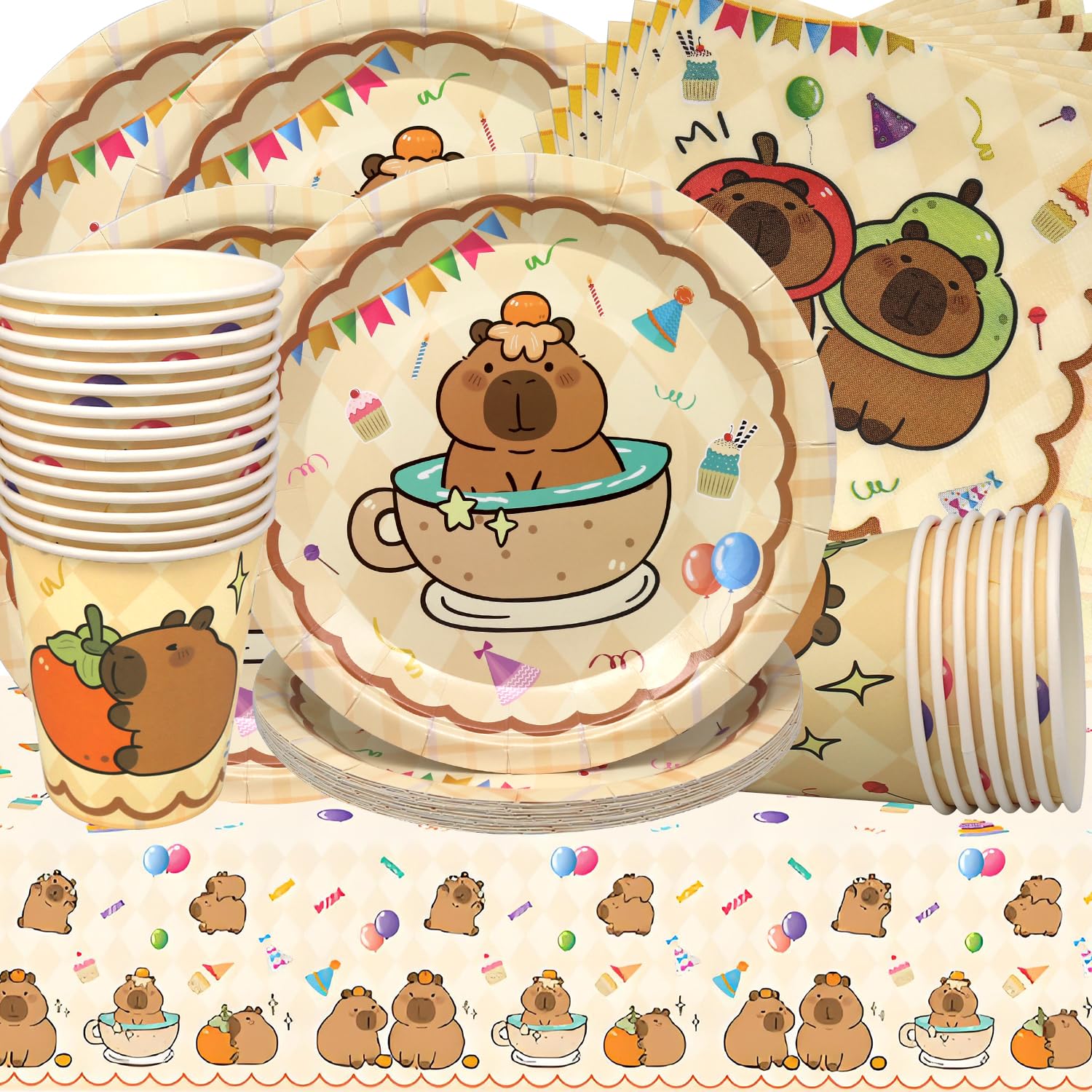 Stoviglie per Feste Kapybara,Doyomtoy Capybara Compleanno Decorazioni Piatti di Compleanno, Tazze, Tovaglioli per Baby Shower Bambini Compleannos Favors 20 Ospiti