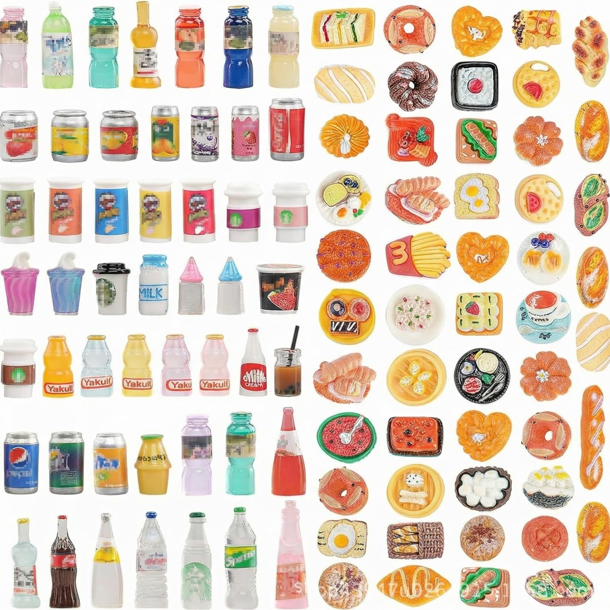 100 Pcs Miniature Food & Drink Set,Mini Pretend Play Food,Resin Dollhouse Kitchen Accessories,1:12 Scale Realistic Soda Cans,Bread,French Fries for Party Favors,Dolls House Accessories