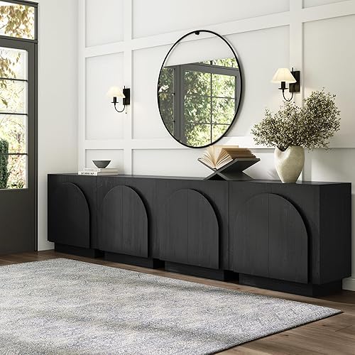 Nathan James Iris Mid-Century Modern Credenza, Black TV Stand, Living Room Wood Storage Cabinet with Arched Cabinet Doors, Black Credenza Cabinet for Kitchen or Living Room, Black Oak, Set of 4