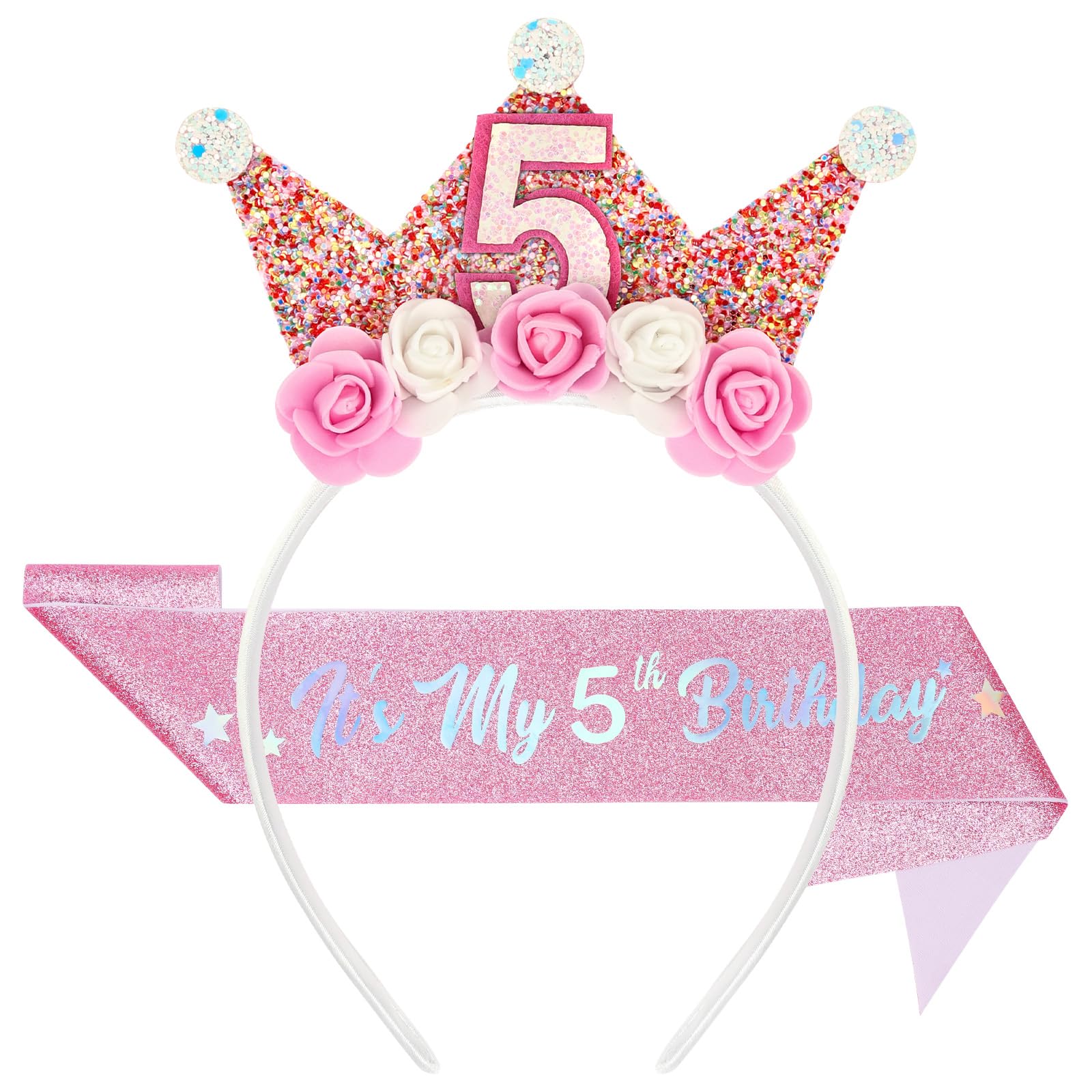 Alaoo 5th Birthday Girl Crown Headband, Princess Crown Flower Tiara Headbands with Shawl, Birthday Glitter Hair Band for Toddlers Girls Birthdays Party Supplies Decorations Gift