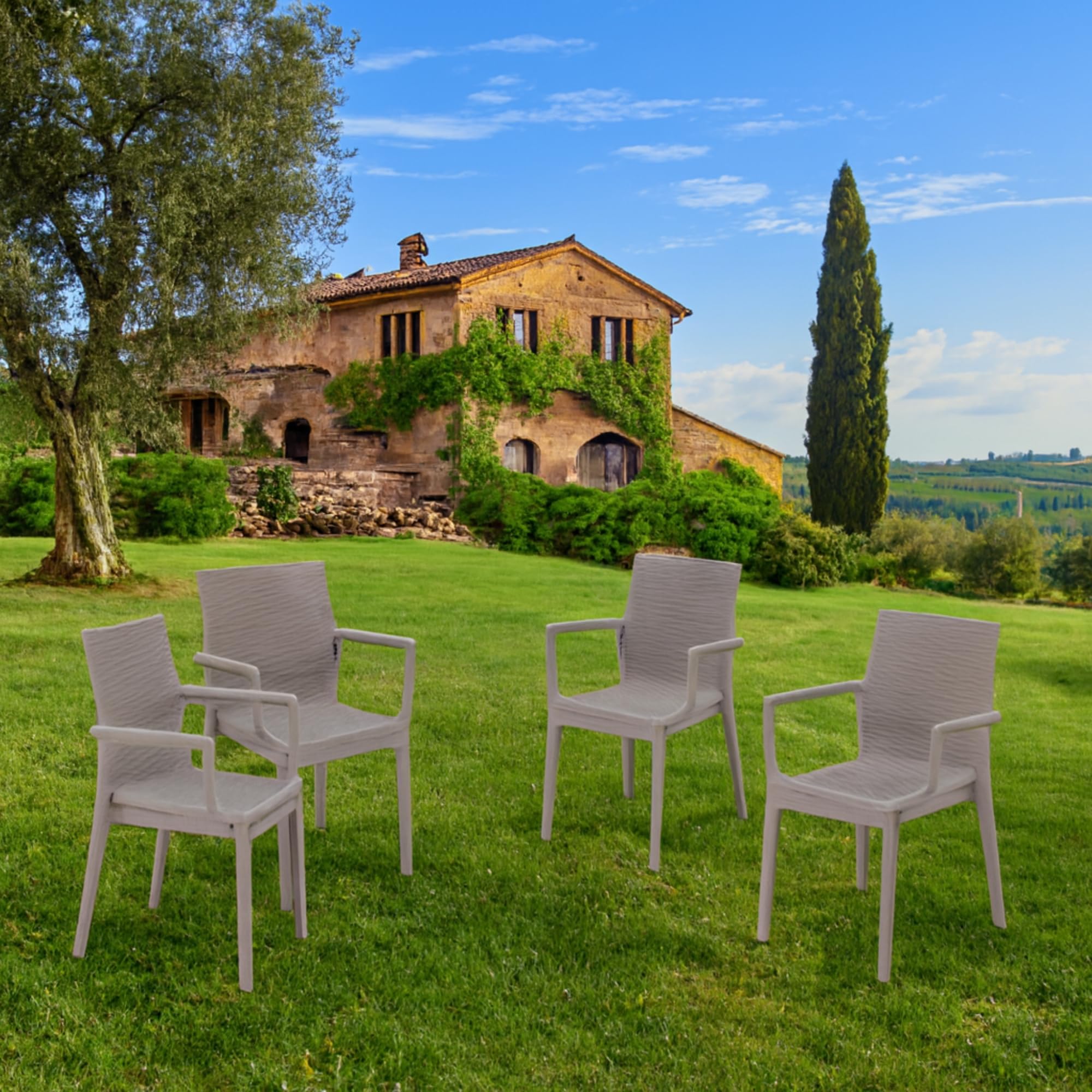 HOUSE COLLECTION, SEDIE DAFNE CON BRACCIOLI, IN POLIPROPILENE, LINEA RATTAN, TORTORA (ARE064x4)