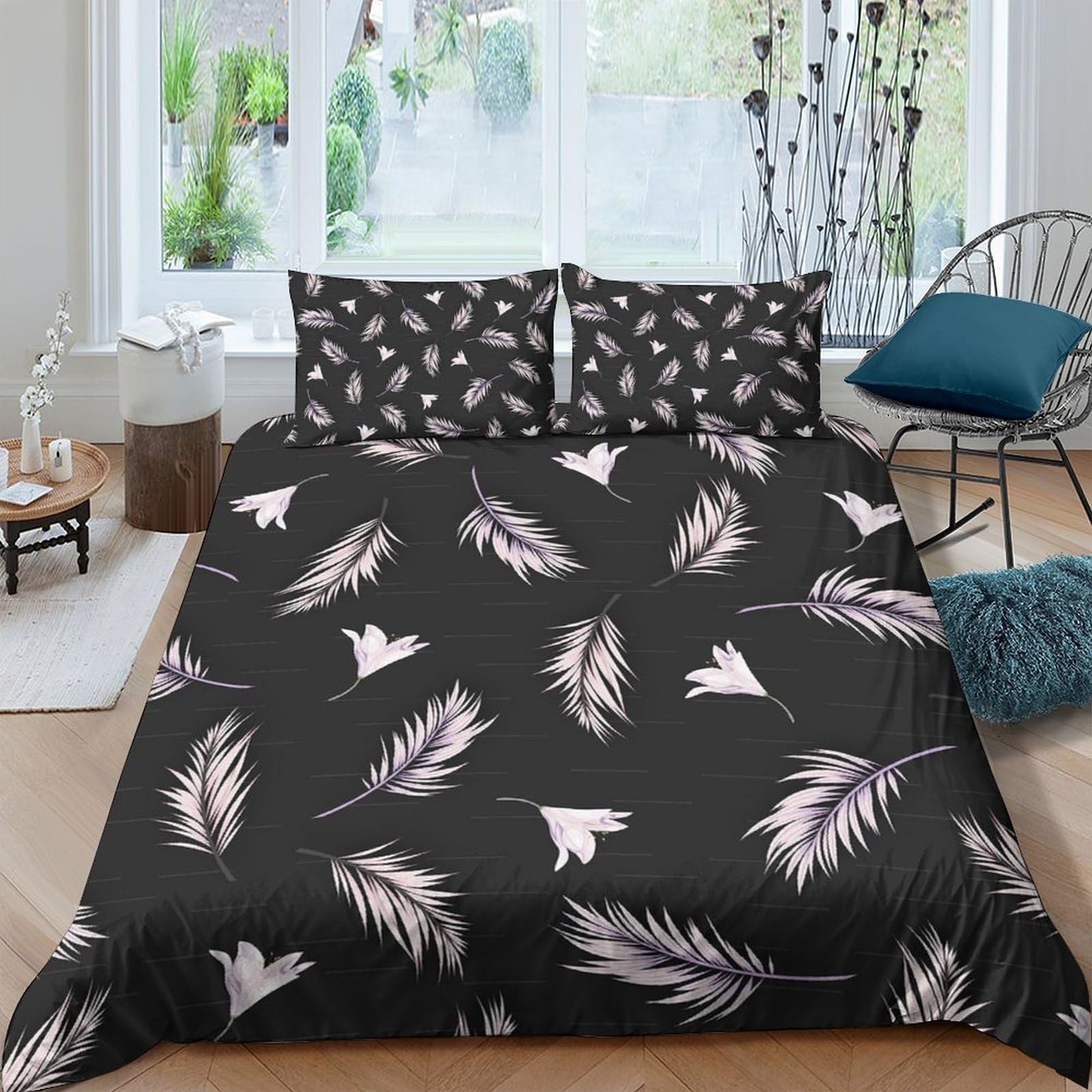 Ctjqhvkz Style-7 3D Printed Black Feather Fitted Sheet Microfiber Soft Anti-Slip White Leaf Mattress Cover For Bedroom Dorm Mattress Protection Decor Single（135X200cm）