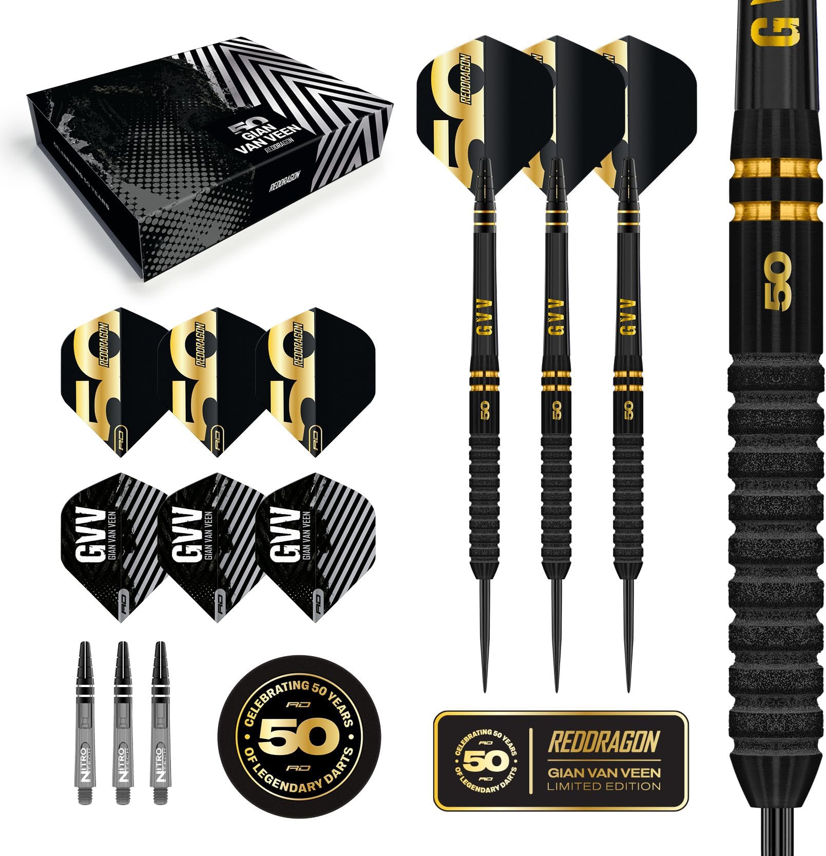 Darts - 50 Year Anniversary Player Edition - Professional Steel Tip 90% Tungsten Darts Set - Includes Dart Flights & Dart Stems (Shafts) - Available in 21g, 22g & 23g