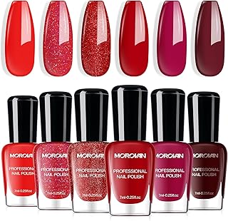 Morovan Red Nail Polish Set: Glitter Bright Burgundy Cherry Christmas Red Fingernail Polish Kit Shimmer Sparkle Air Quick Dry Nail Polish Pack for Nail Art Manicure Holiday Party Gift for Women Girls