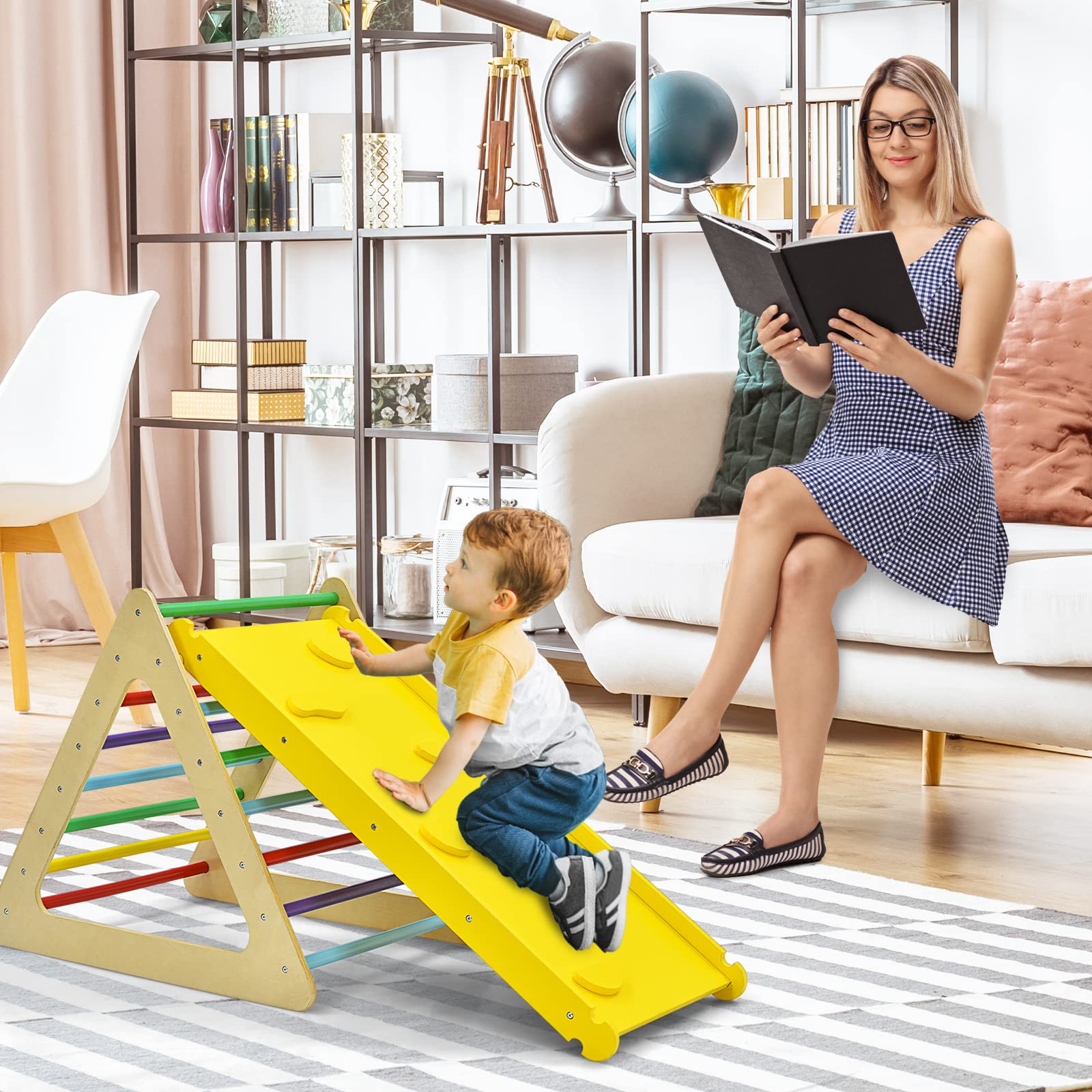 DREAMADE 3 in 1 Kletterdreieck mit Rutschbrett & Leiter, Indoor Klettergerüst klappbar, Holzdreieck Sprossendreieck Klettergerät, Kletterspielzeug Set aus Holz, für Kinder ab 3 Jahre (Bunt)