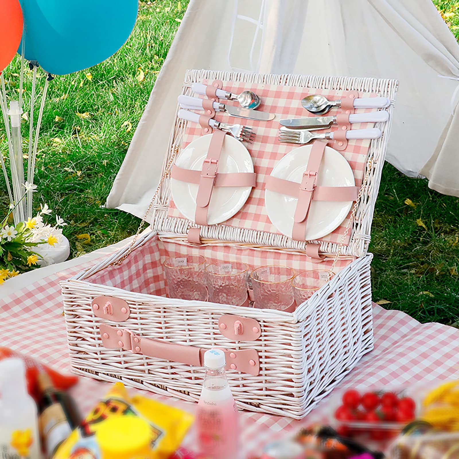 Storage Basket,Picnic Set Handmade Wicker for 4 Person with 23 Piece Service Gift Willow Hamper Cutlery for Camping,Outdoor,Valentine Day,Chirtmas,Thanks Giving,Birthday