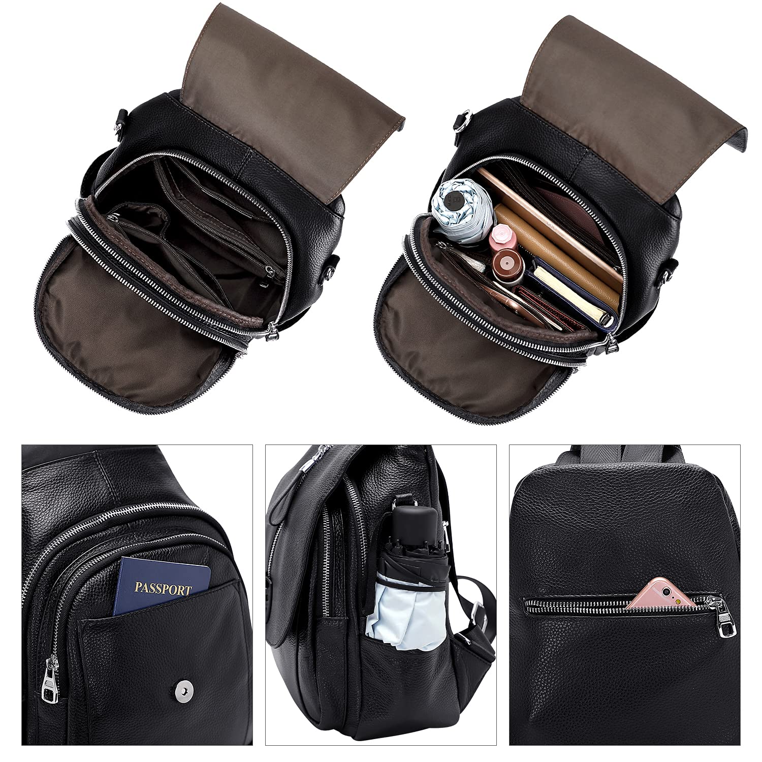 ALTOSY Echter Leder Rucksack Damen mit Geldbörse Vielseitige Tasche | Mit Schnalle Klappe, 3-in-1 Tragetasche, Passt für 9,7" ipad, Lässiger Schulterrucksack für Alltag, Reisen, S85 Schwarz