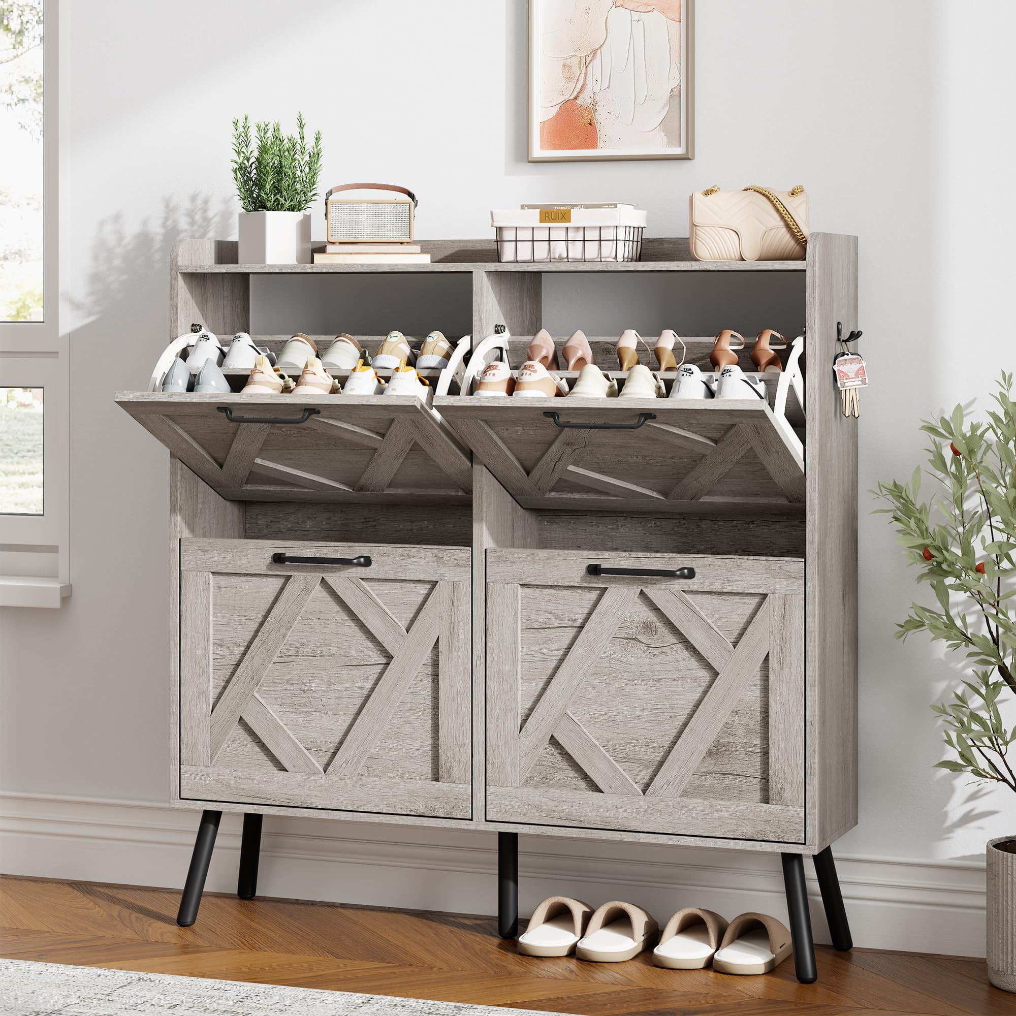 Nicetree Shoe Cabinet with 4 Flip Drawers, Freestanding Shoe Organizer Cabinet, Farmhouse Narrow Shoe Storage Cabinet for Entryway, Foyer, Hallway