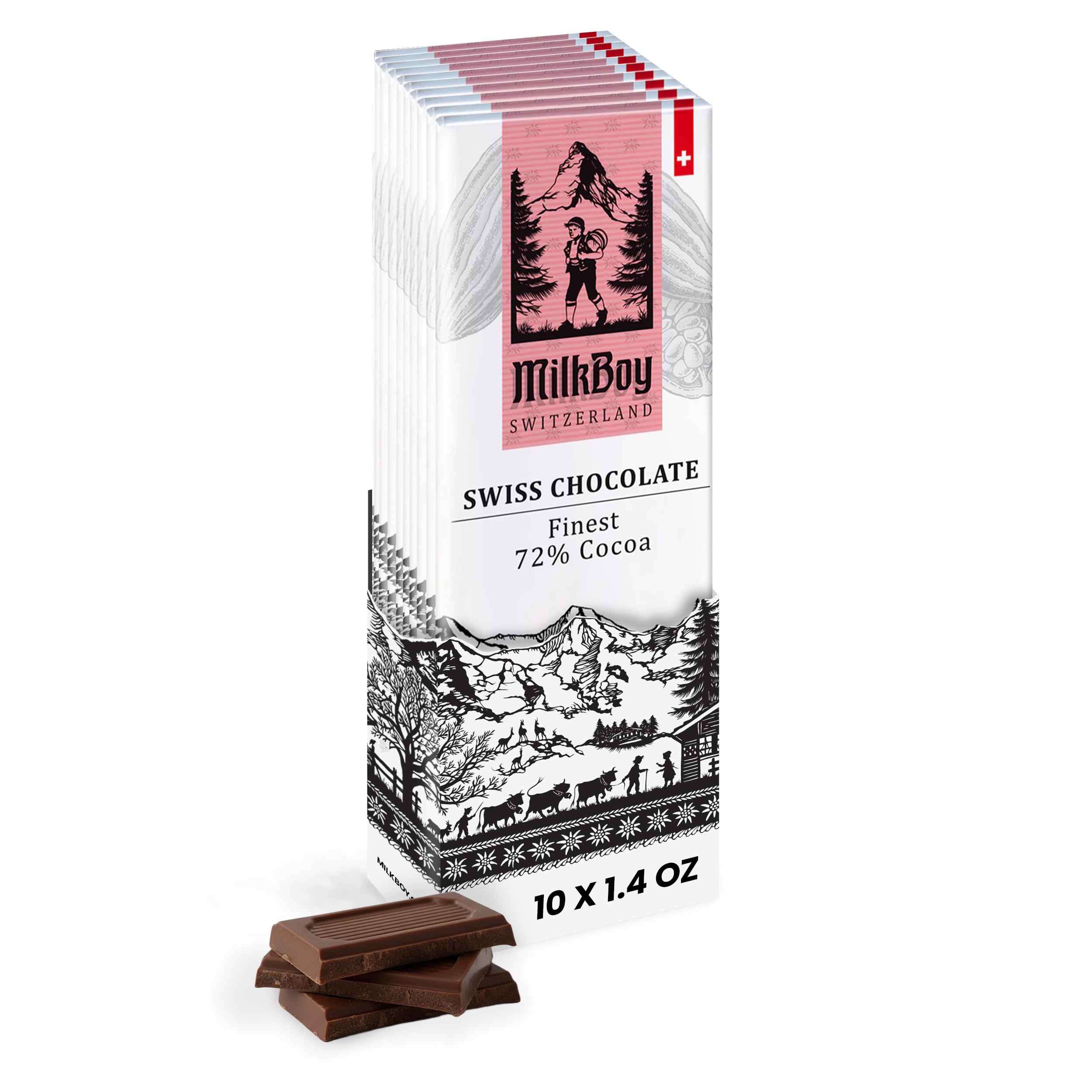 Gourmet Dark Chocolate Bar - 72% Chocolate Made in Switzerland, Kosher. Vegan Gluten Free, Dairy Free Swiss Chocolate Bars, Sustainably Farmed Cocoa Bars - 1.4 oz, 10 Pack