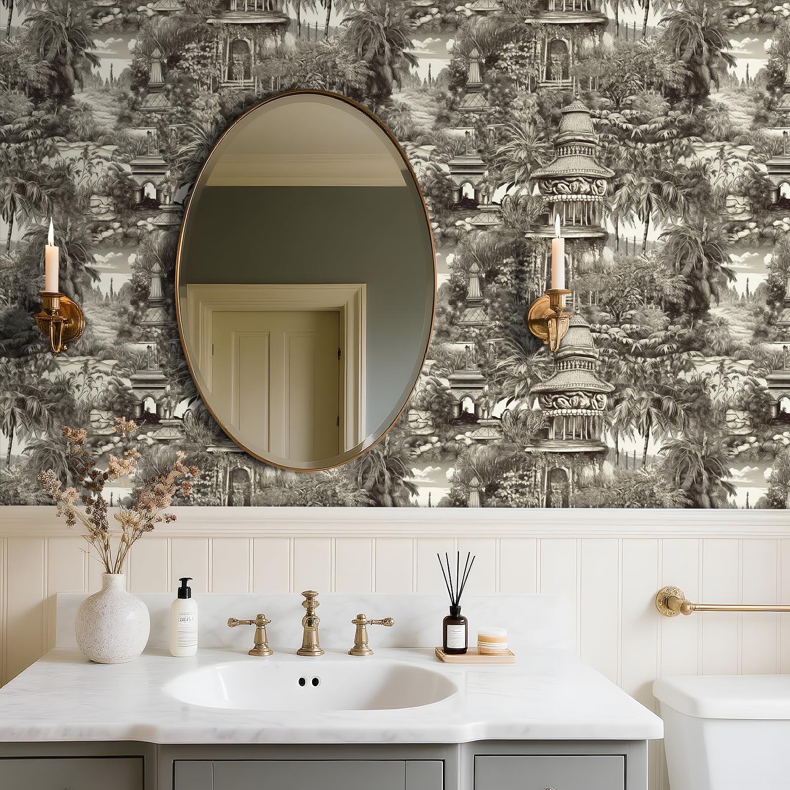 Livelynine 17.5x275" Black and White French Country Toile Peel and Stick Wallpaper Mural Landscape Contact Paper Removable Dark Moody Vintage Scene Mural Wall Paper for Bedroom Bathroom Living Room
