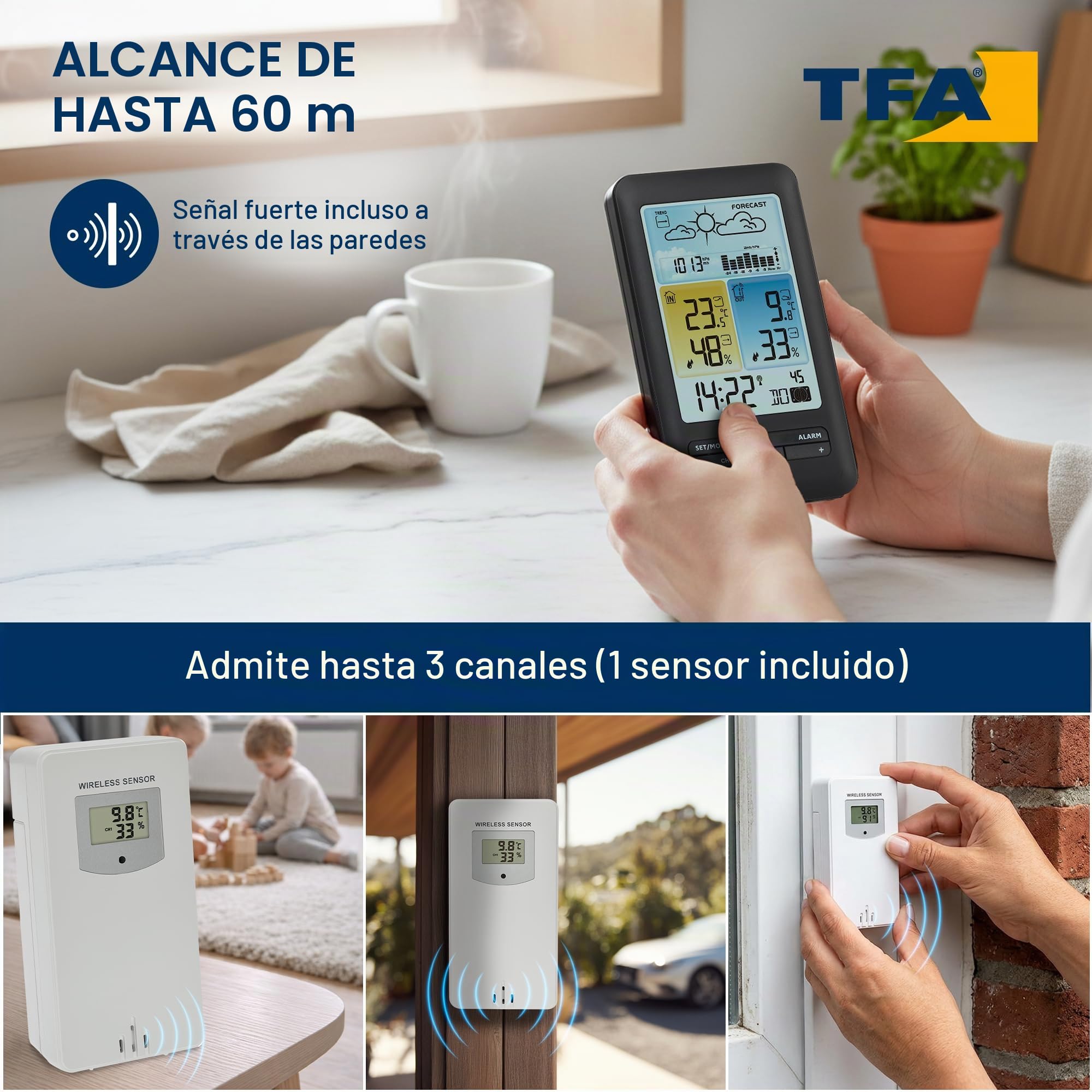 TFA Dostmann Estación meteorológica inalámbrica 35.1165.01, pronóstico y símbolos, presión con gráficos, fase lunar, max/min, exclusiva en Amazon, negro