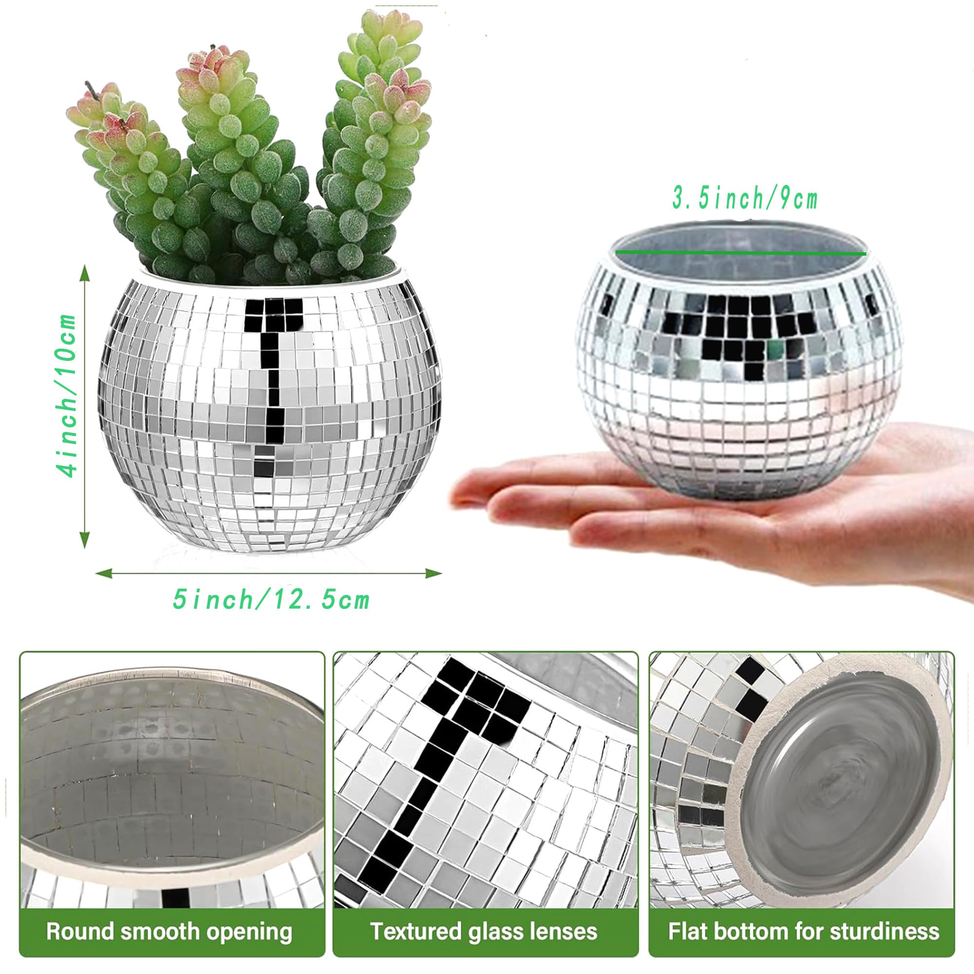 ROSEONE 6 unidades de bolas de discoteca, pequeñas bolas de discoteca, jarrón de bolas de discoteca, maceteros de cristal, decoración para fiestas, oficina, cocina (plata, 4 x 5 x 5 pulgadas)