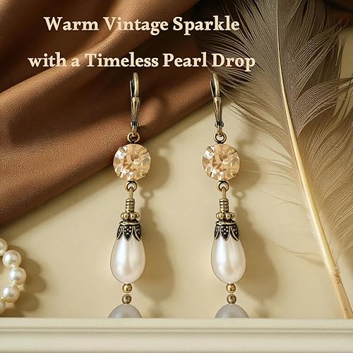 Miniatura 7 de Aretes vintage con palanca trasera para mujer, perlas de imitación de cristal austriaco, colgantes estilo victoriano antiguo, regalo de joyería para