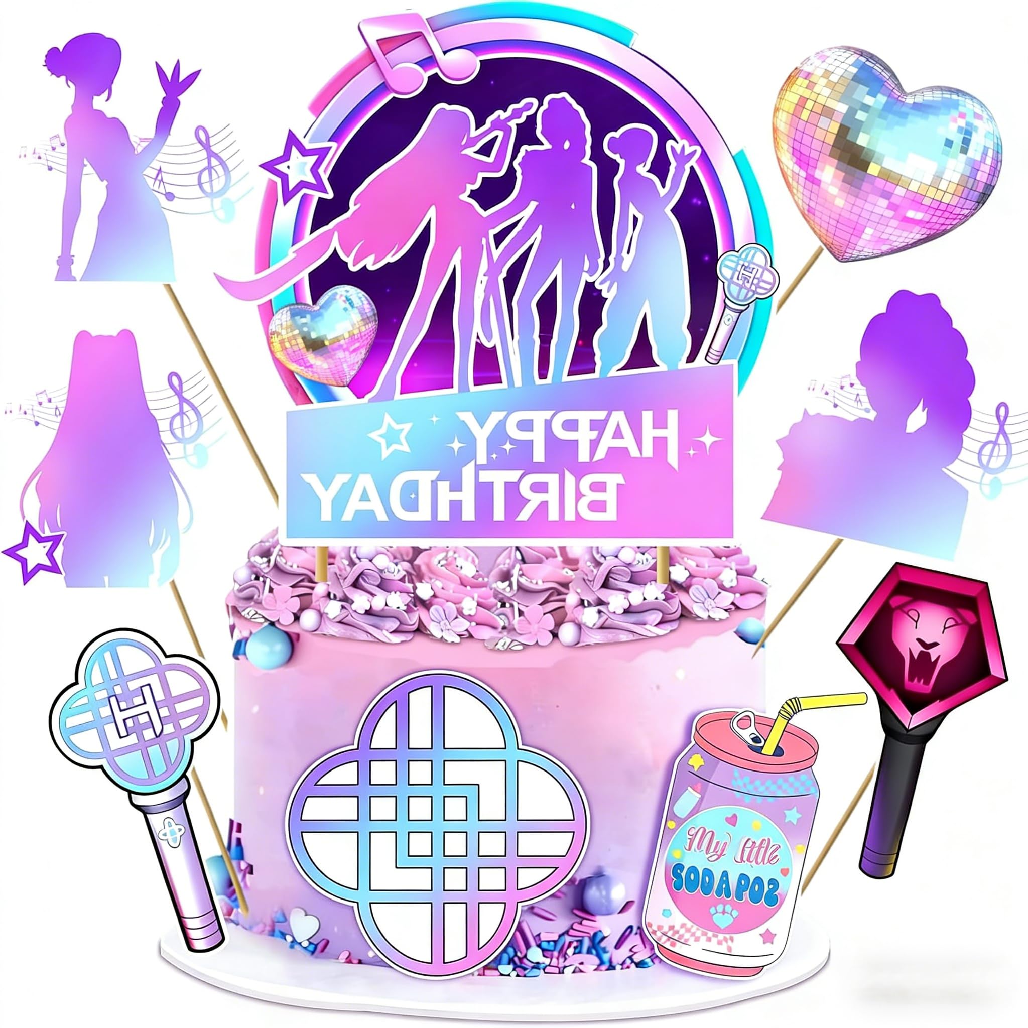 9 Pieces Birthday Decoration K-Pop Cakes, Cake Toppers Dem0n Happy Birthday for Kids, Warriors Themed Party Kit, K-Pop Party Decor, Demon Style and Characters