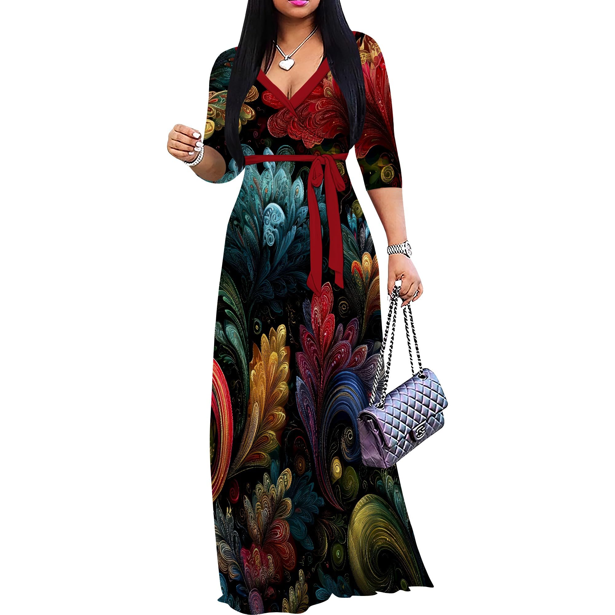 PinkPatty Women's Plus Size V Neck 3/4 Sleeve Boho Maxi Dress with Pockets | Boho printed maxi dress with pockets and tie waist for travel, vacations, weddings, church, parties, and daily wear