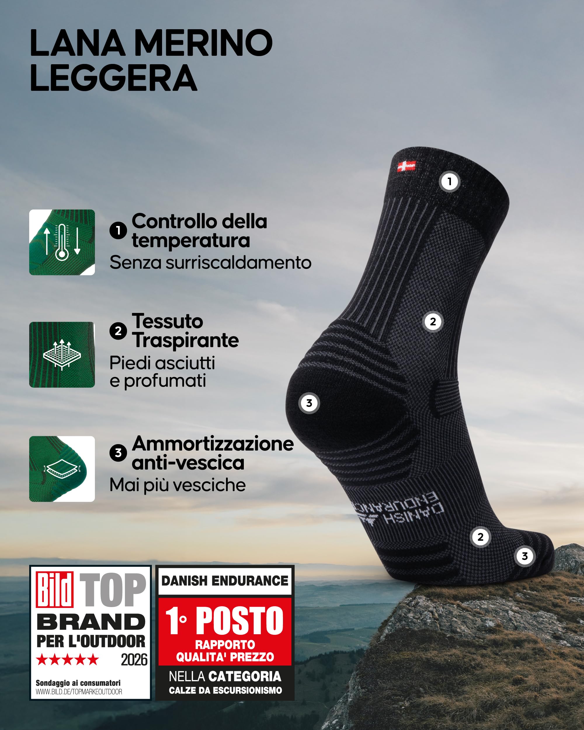 DANISH ENDURANCE 3 paia di calzini da trekking leggeri in lana merino, anti-vesciche, da uomo e da donna
