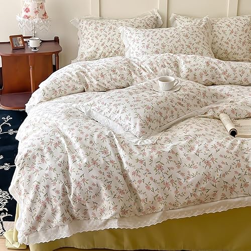 Miniatura 4 de EAVD Juego de funda de edredón con volantes florales de jardín de estilo francés, tamaño individual, suave, 100% algodón, color rosa, floral, con 2
