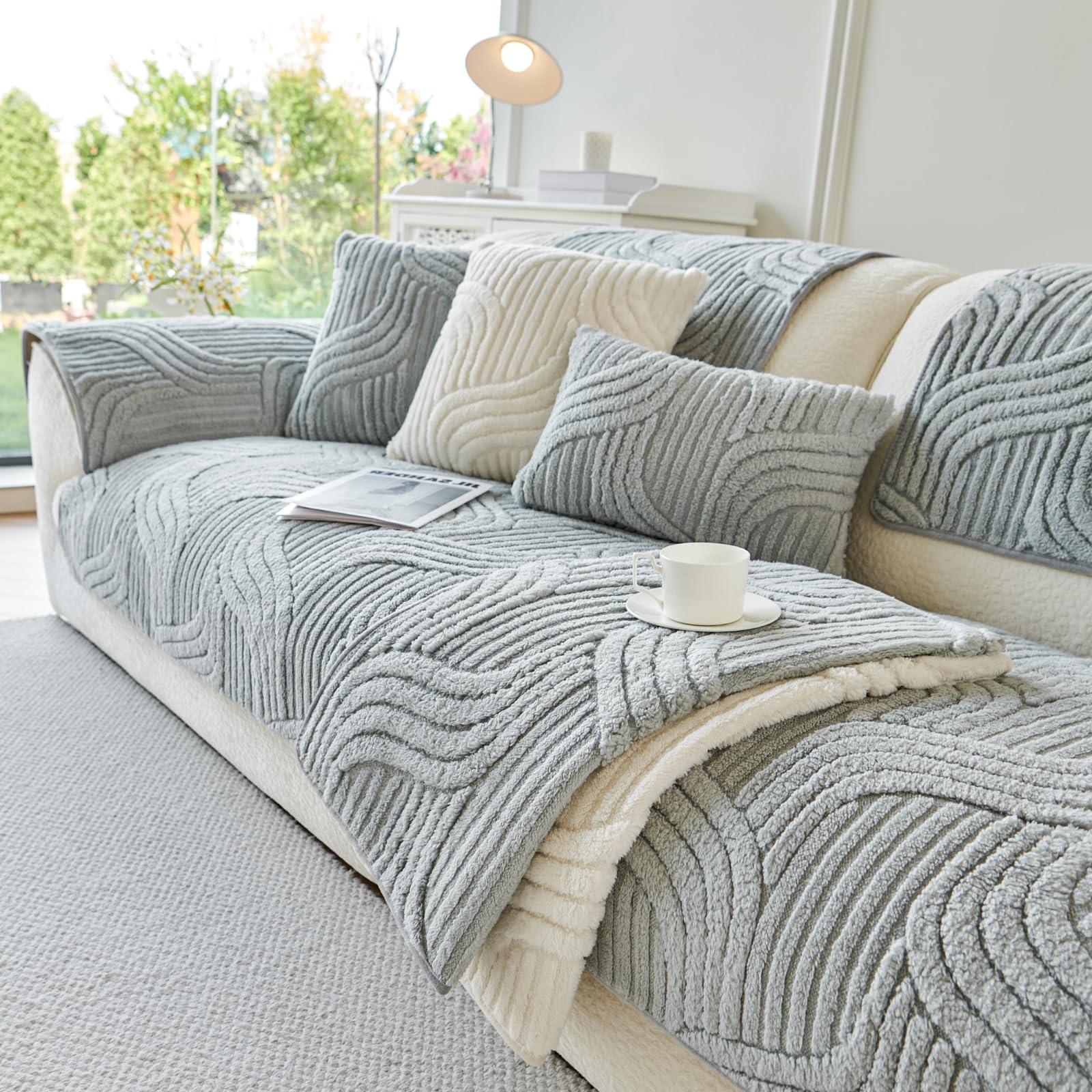 tianxinbaobei Sectional Sofa Covers Washable, Plush Stripe Couch Cover for Sofas, Non Slip Couch Cover for Large 4 Cushion Sofa, L Shape Sofa Slipcover Pets Furniture Protect(1PC,35"x94",Light Grey)