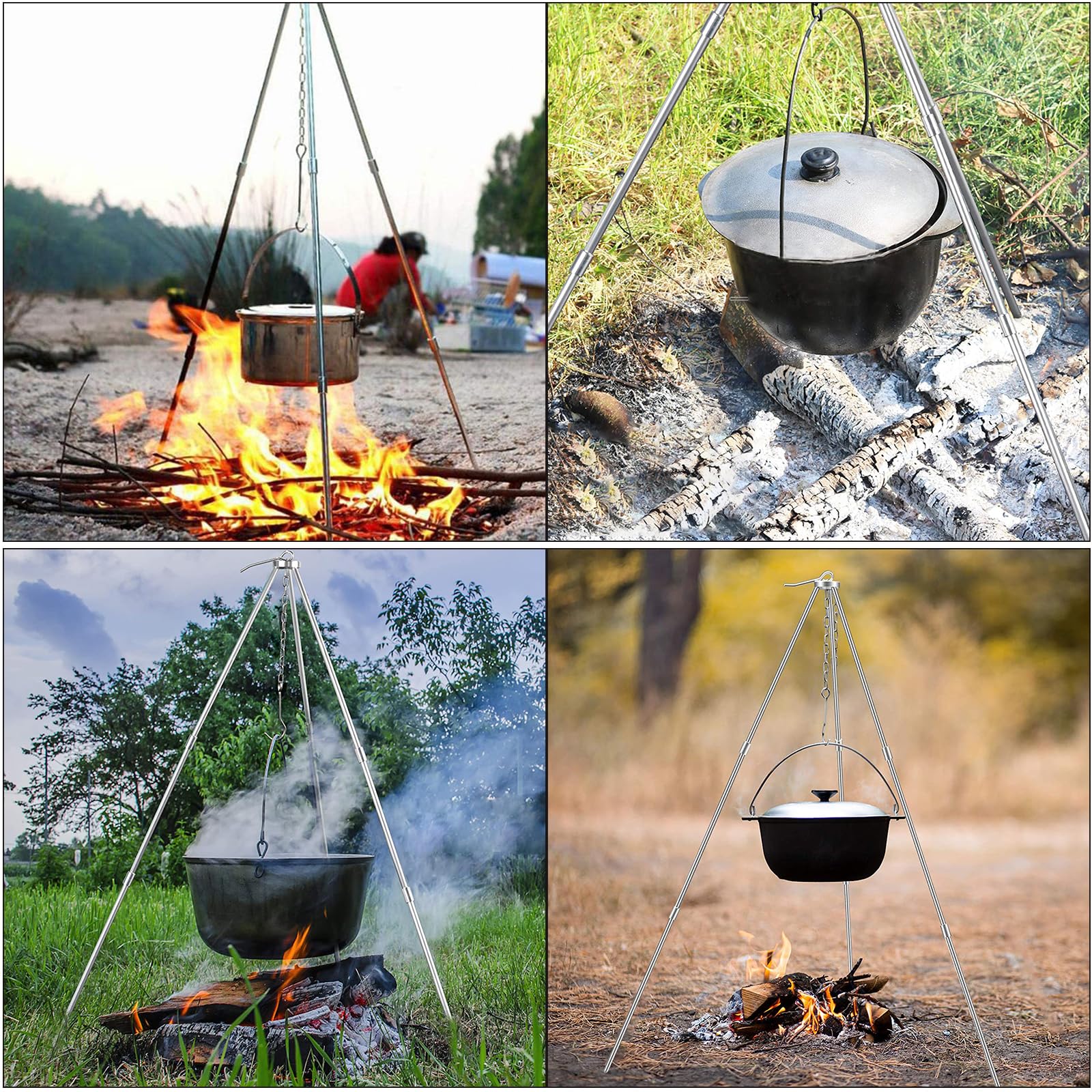 BBQ Dreibein Gestell,Dreibein Teleskopgestell Grillständer,Kochen im Freien Stativ Set Klapp Lagerfeuer Grillrost Stand Camping, Hängegrill Camping Stativ Mit Kette & Haken (B)