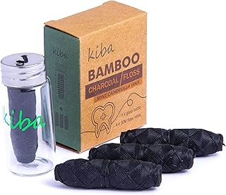 Bamboo Charcoal Floss w/Reusable Floss Container 5 pc Kit (1 Glass Floss Container + 4x30m Dental Floss Refills) - Eco Friendly Floss w/Candelilla Wax - Mint - Vegan