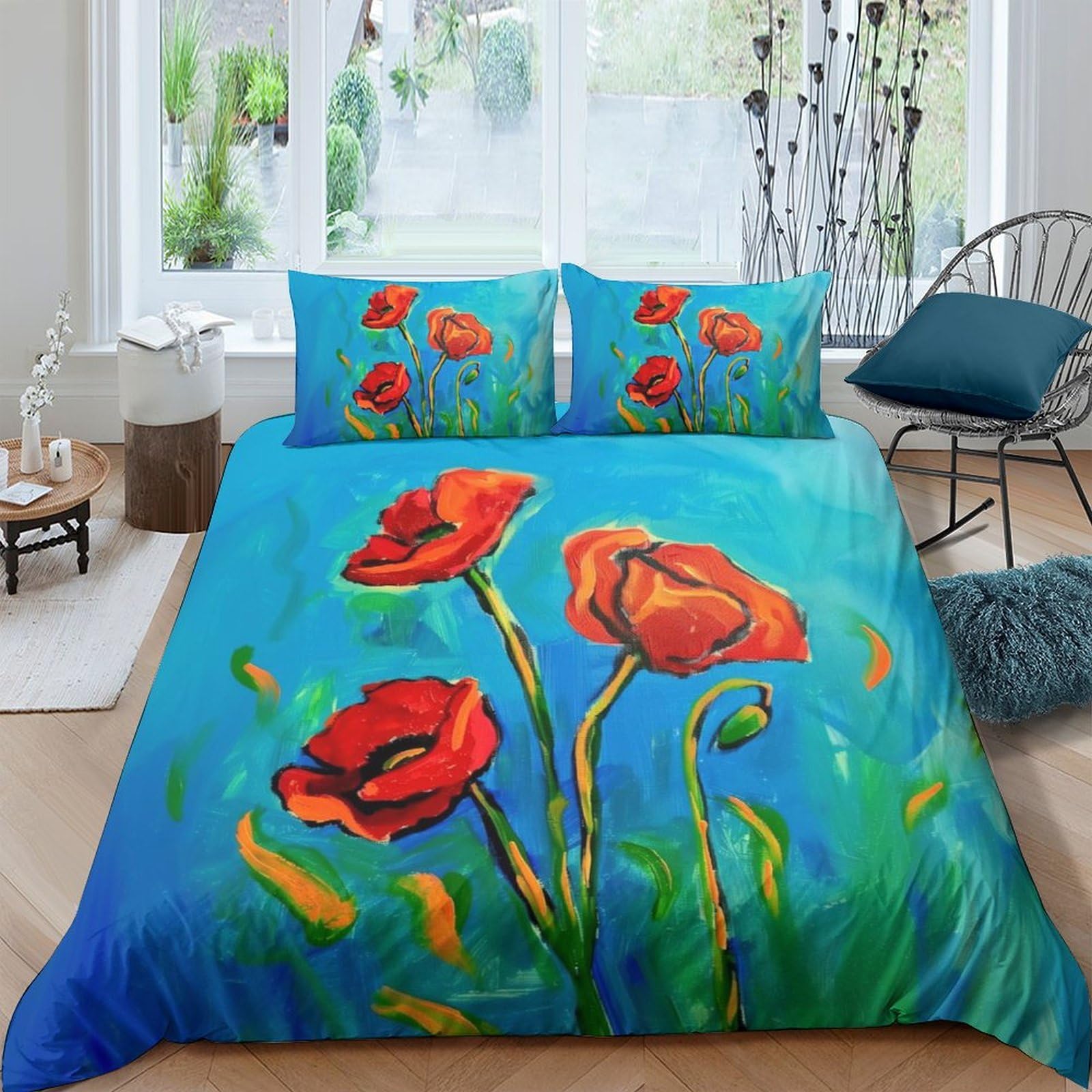 Ctjqhvkz Style-5 3D Printed Red Poppy Flower Fitted Sheet Microfiber Soft Blue Artistic Bed Cover For Bedroom Guest Room Decor Single（135X200cm）