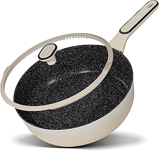 STONELINE Sauté Pan 28 cm Non-Stick High Rim Deep Pan with Lid Induction Pan Coated with Real Stone Particles, All Hobs and Ovens, Frying Without Fat and Oil, Cream Aluminium